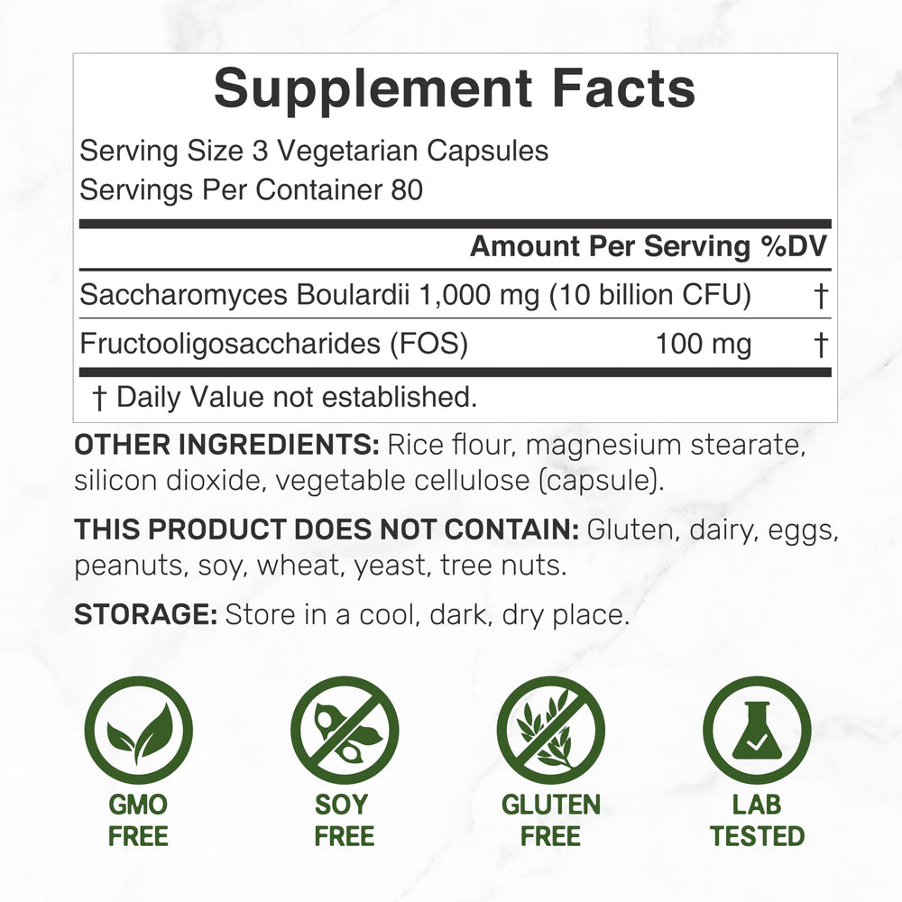 DEAL SUPPLEMENT Saccharomyces boulardii capsules with 10B CFU for gut support.