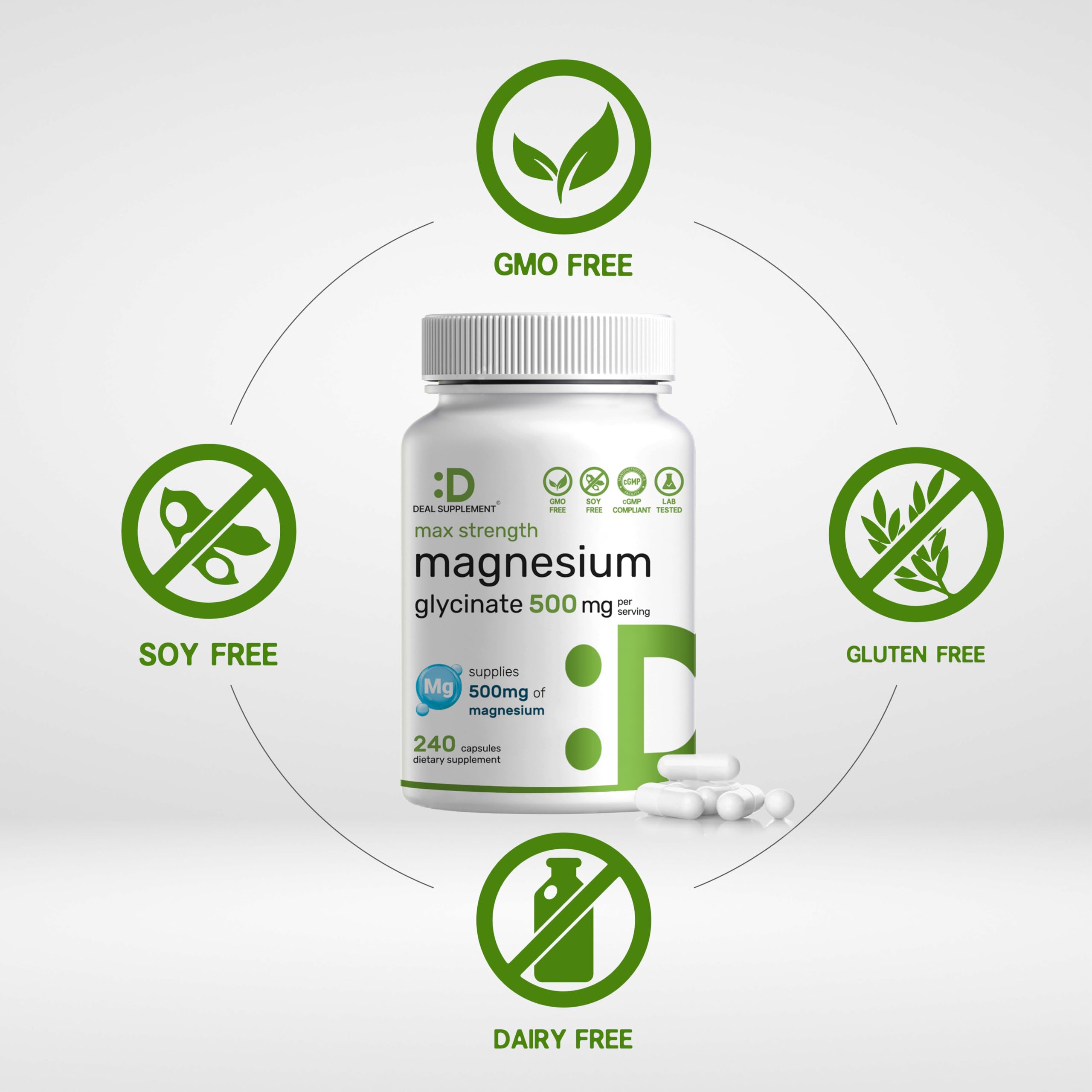 Three-capsule serving illustrates 500mg elemental magnesium intake.