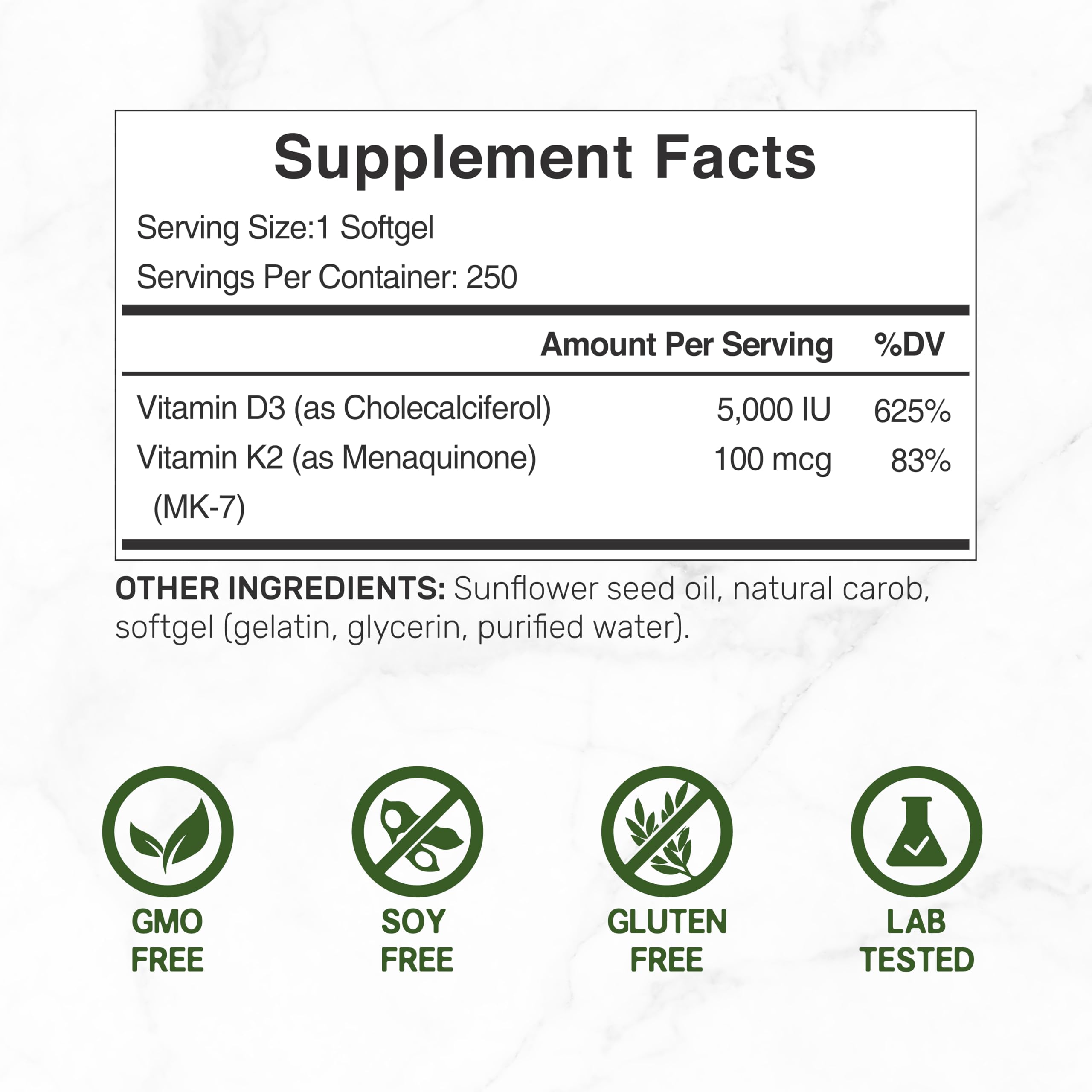 Close-up of DEAL SUPPLEMENT D3 K2 softgels label showing the MK7 MK7 information