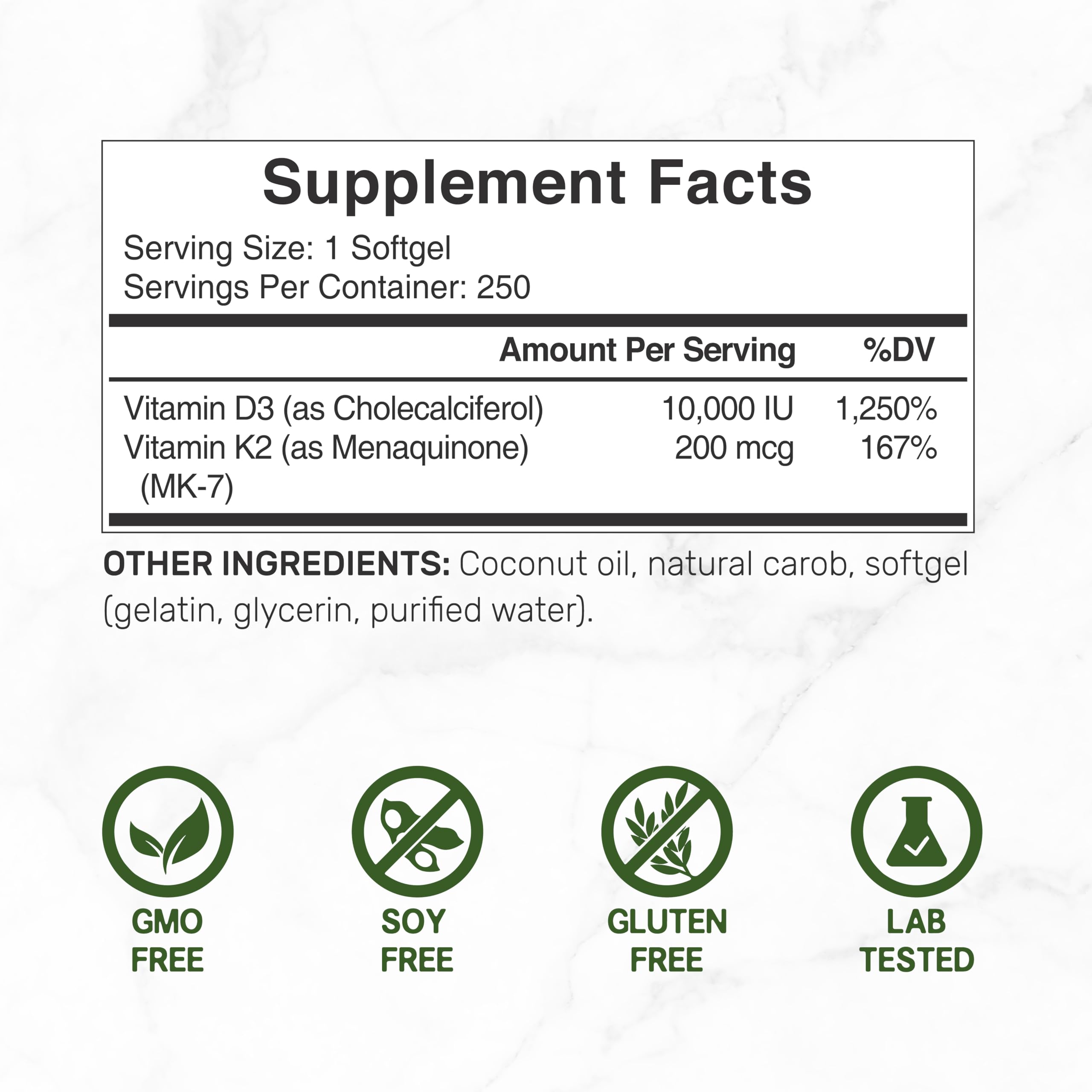 DEAL SUPPLEMENT Vitamin D3 + K2 softgels bottle shot highlighting packaging and dosage