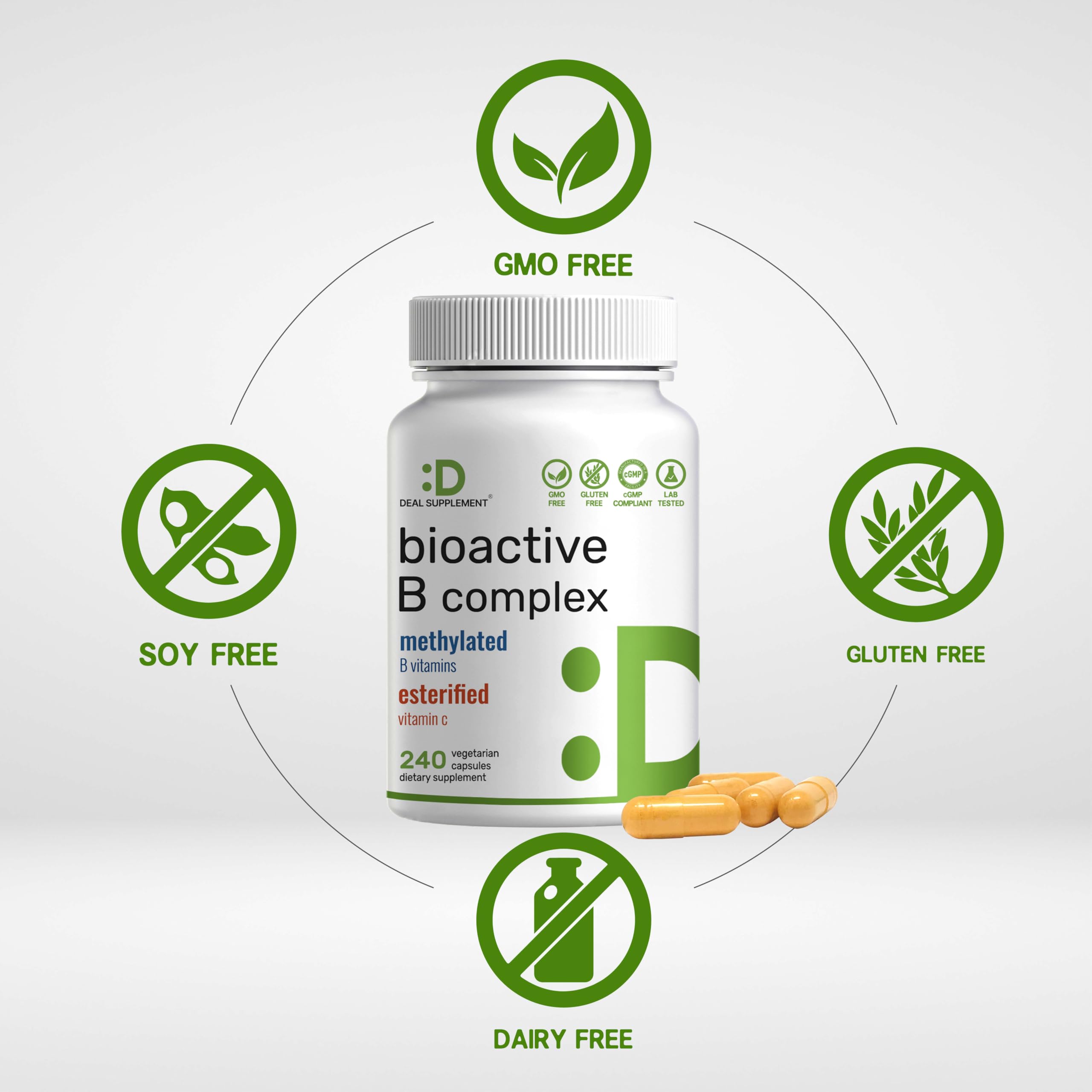 DEAL SUPPLEMENT Bioactive B Complex label detail highlighting methylated B vitamins.