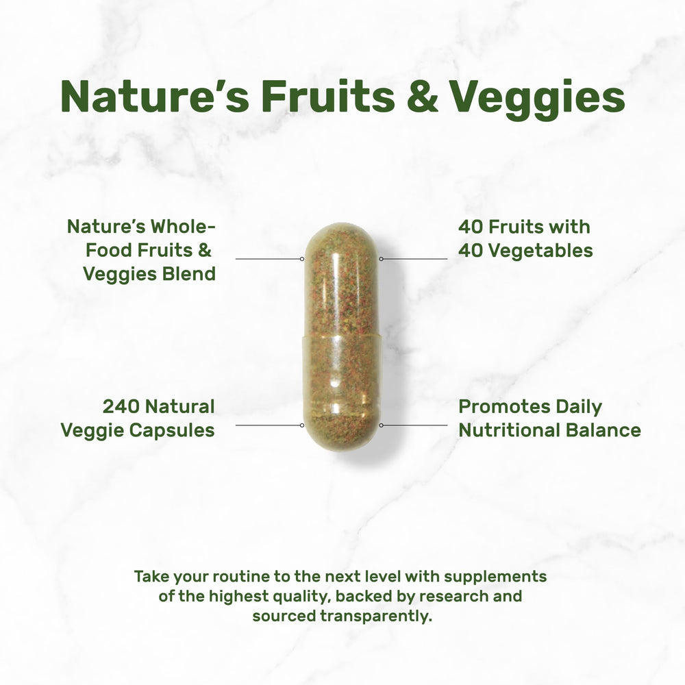 DEAL SUPPLEMENT Nature’s Fruits & Veggies label closeup highlights 80 superfoods for rich nutrients.