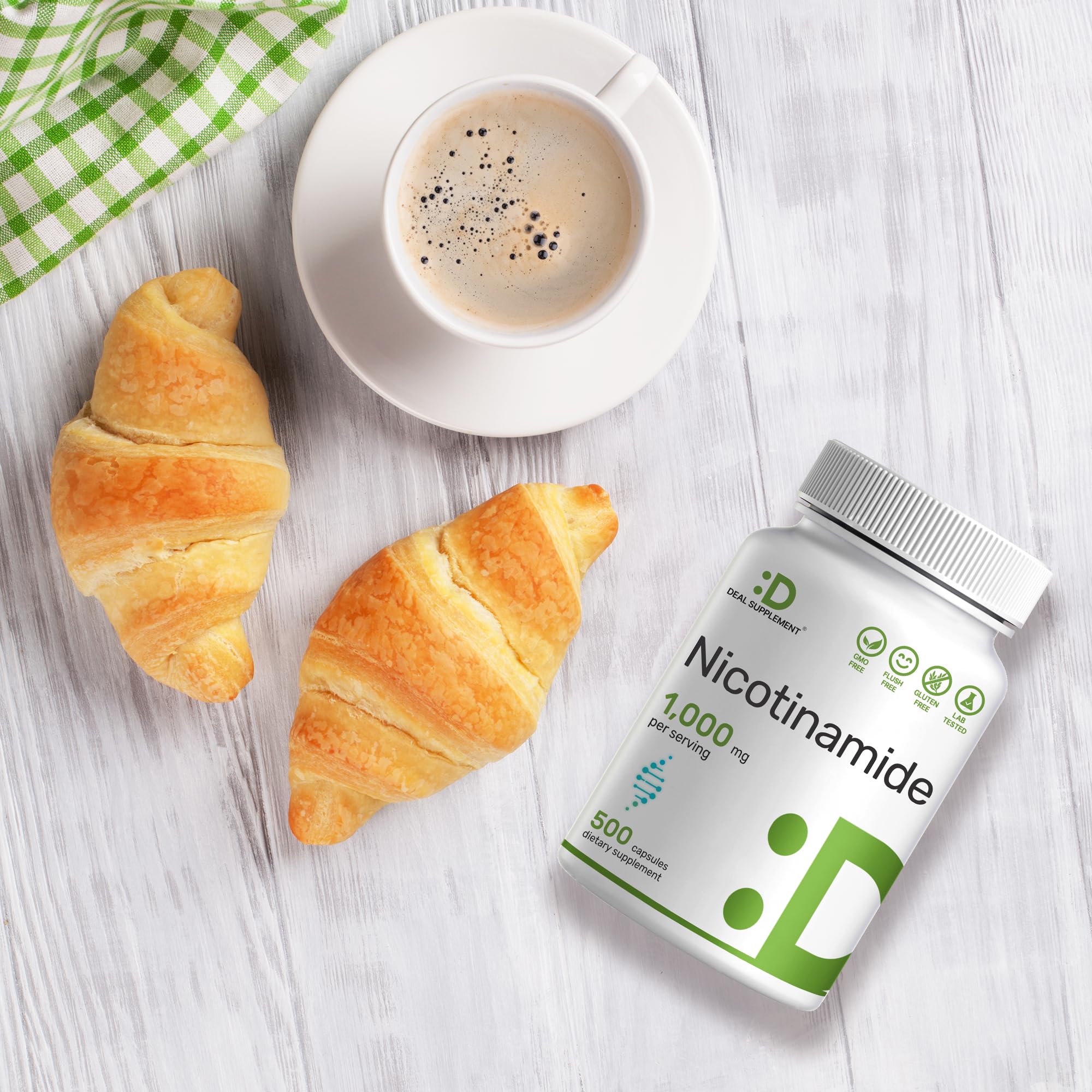 DEAL SUPPLEMENT Nicotinamide capsules closeup showing smooth, flush-free intake