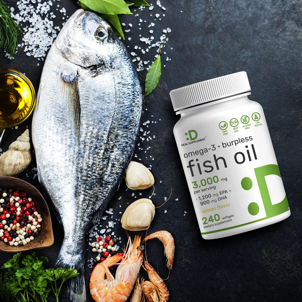 Glass bottle of DEAL SUPPLEMENT Omega 3 on a wooden table