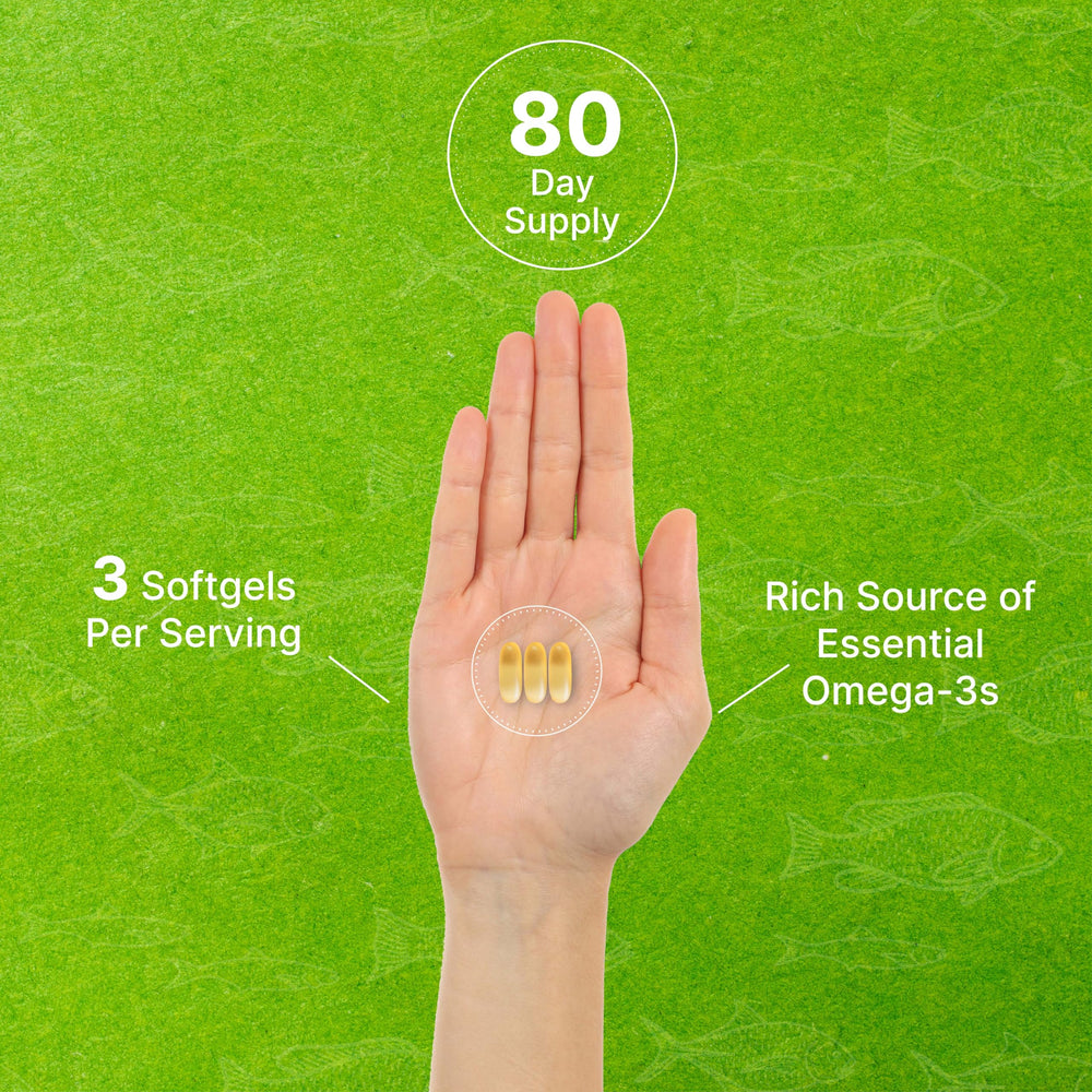Label detail of DEAL SUPPLEMENT Omega 3 highlighting non-GMO and allergen-free
