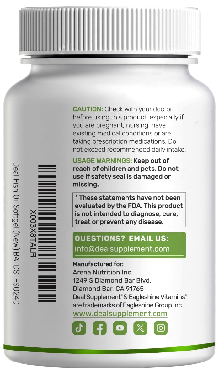 DEAL SUPPLEMENT Omega 3 packaging box with bottle and capsules