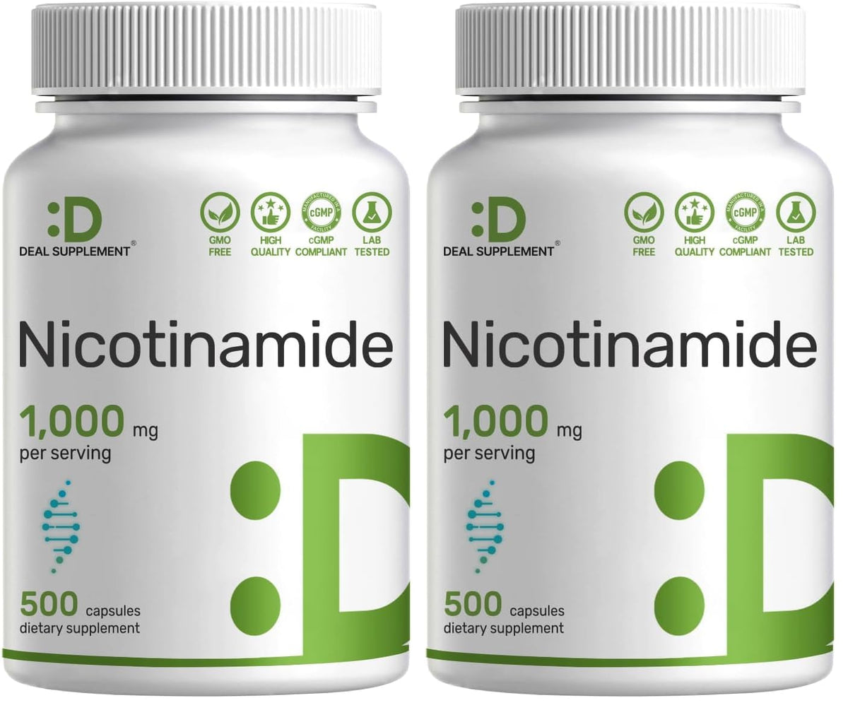 DEAL SUPPLEMENT Vitamin B3 Nicotinamide 1000mg capsules in front view for daily energy support