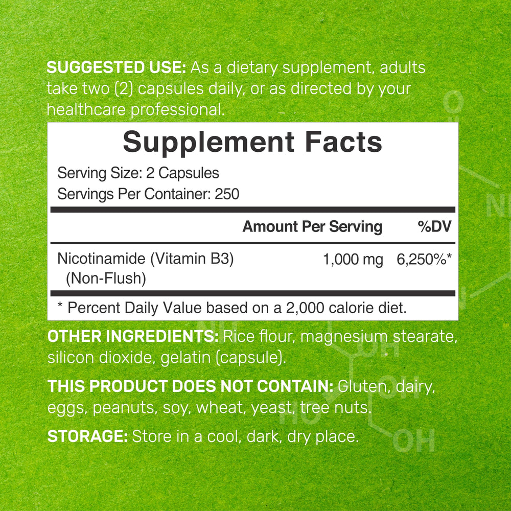 DEAL SUPPLEMENT Nicotinamide bottle label closeup highlighting flush-free Niacin form