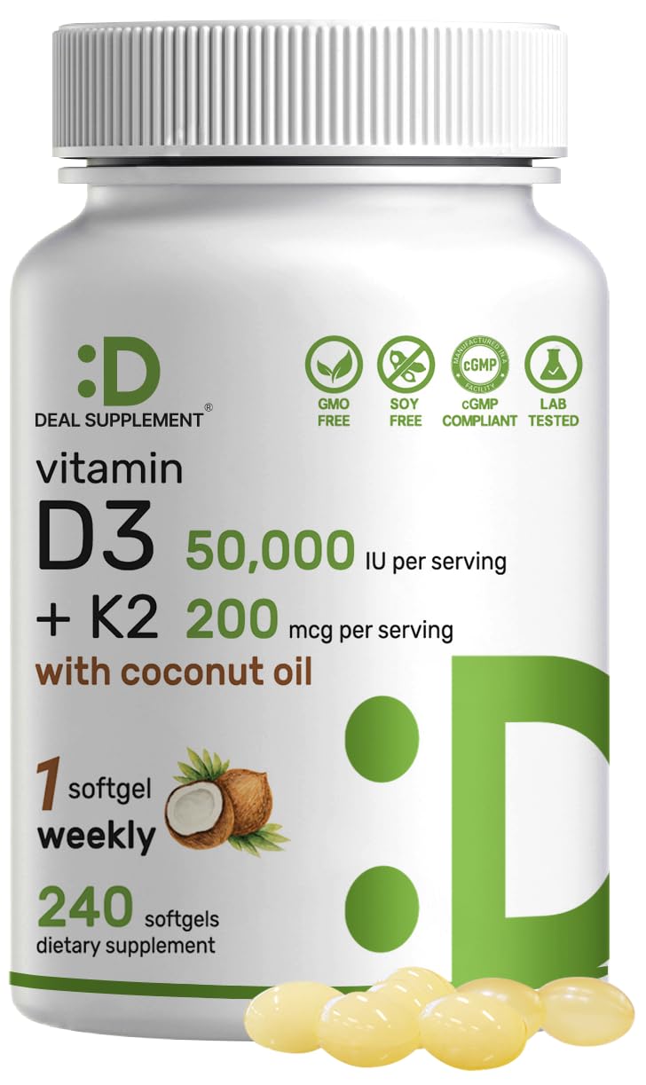 DEAL SUPPLEMENT Vitamin D3 + K2 softgels bottle front showing potency and daily support.