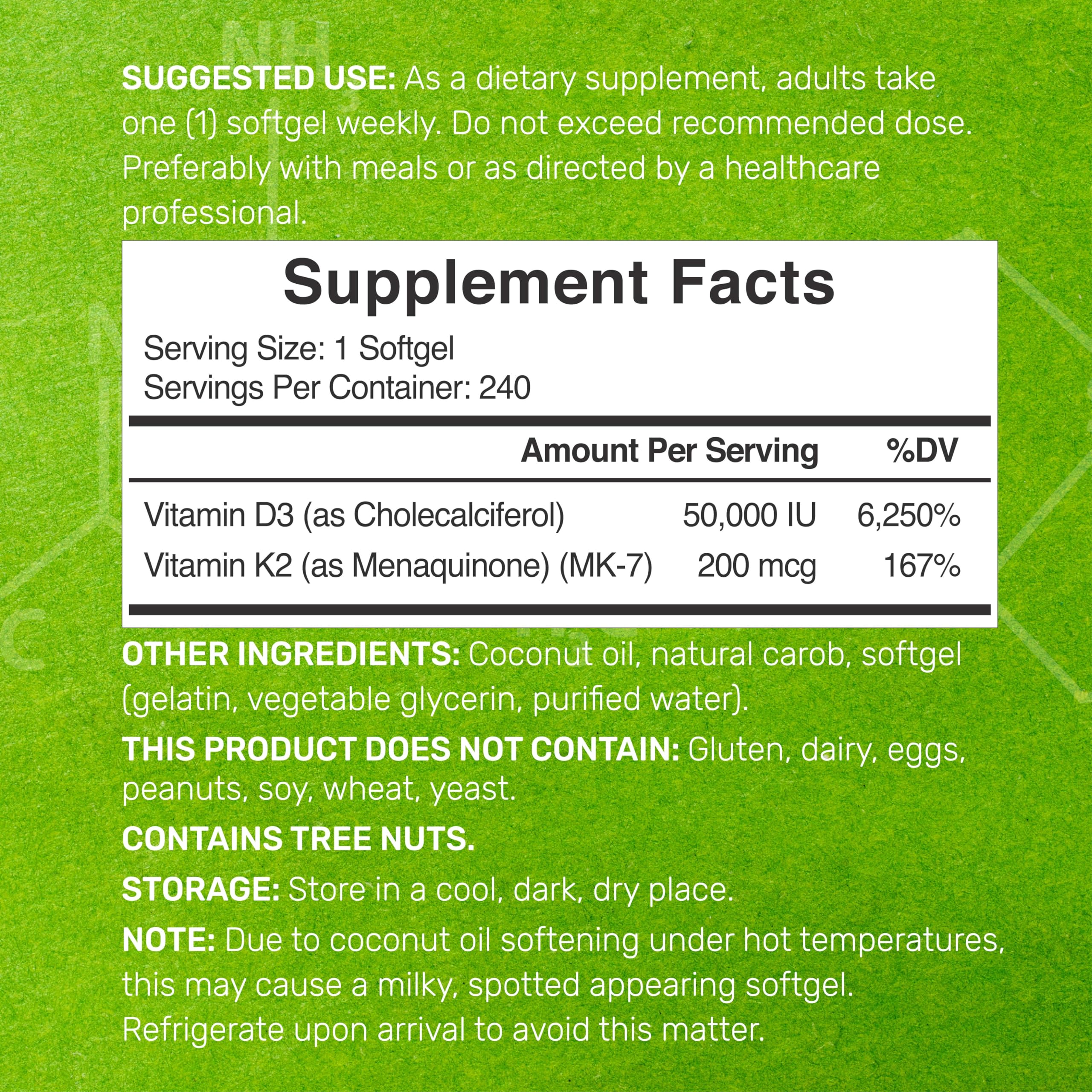 DEAL SUPPLEMENT label closeup highlighting D3 and MK7 concentrations.