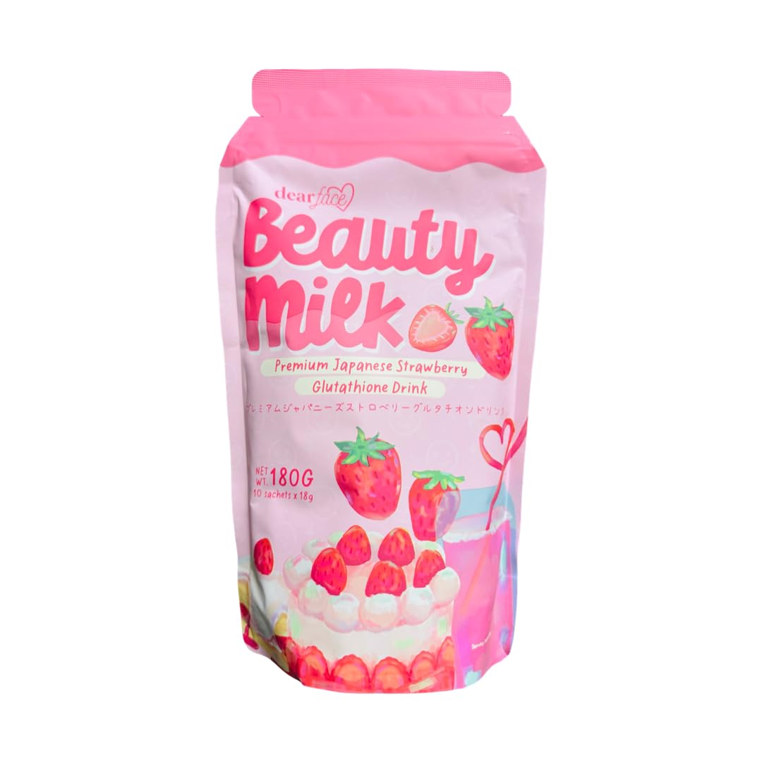 Dear Face Beauty Milk Japanese Collagen Strawberry drink bottle pouring for on-the-go hydration