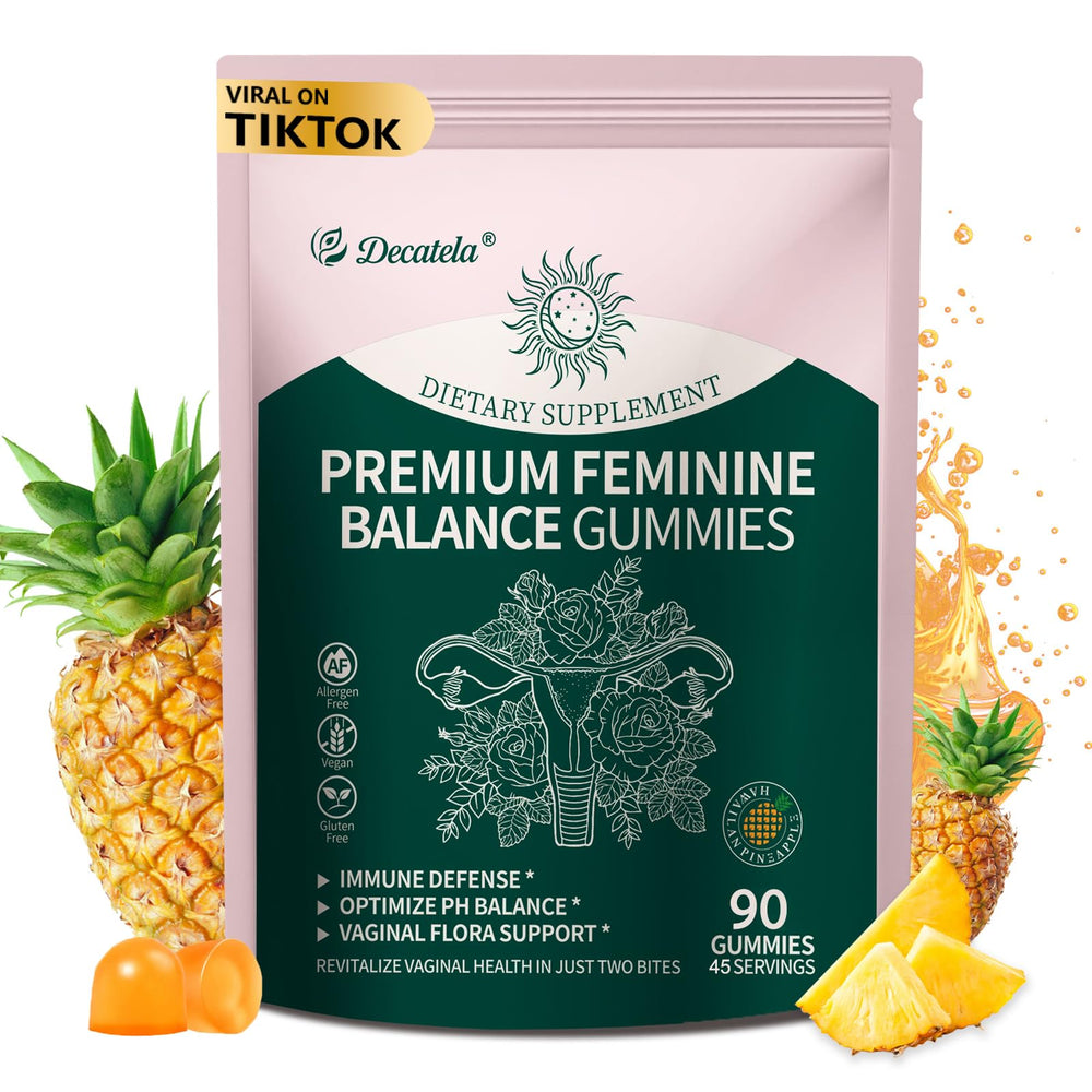 Decatela Balance Gummies bottle pouring, illustrating easy daily use for pH balance and overall wellness.