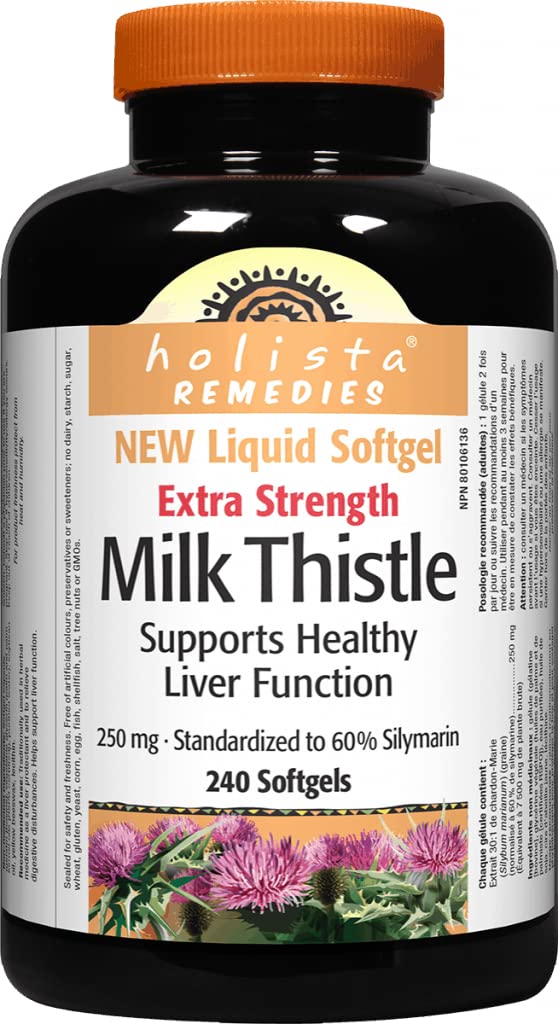 Decatela Holista bottle of 250 mg milk thistle softgels for daily support.