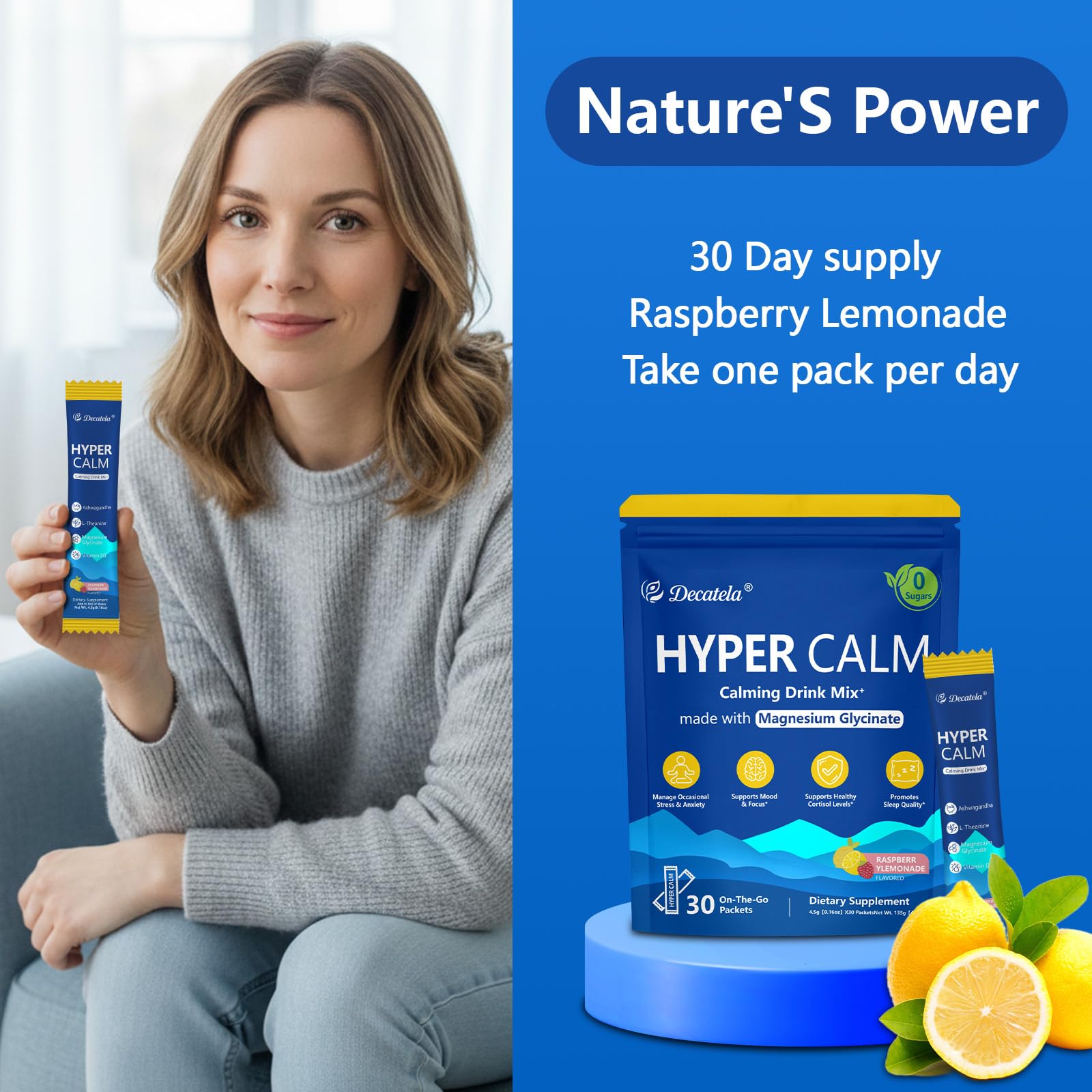 Decatela HyperCalm ingredients panel highlighting D3 and adaptogens.