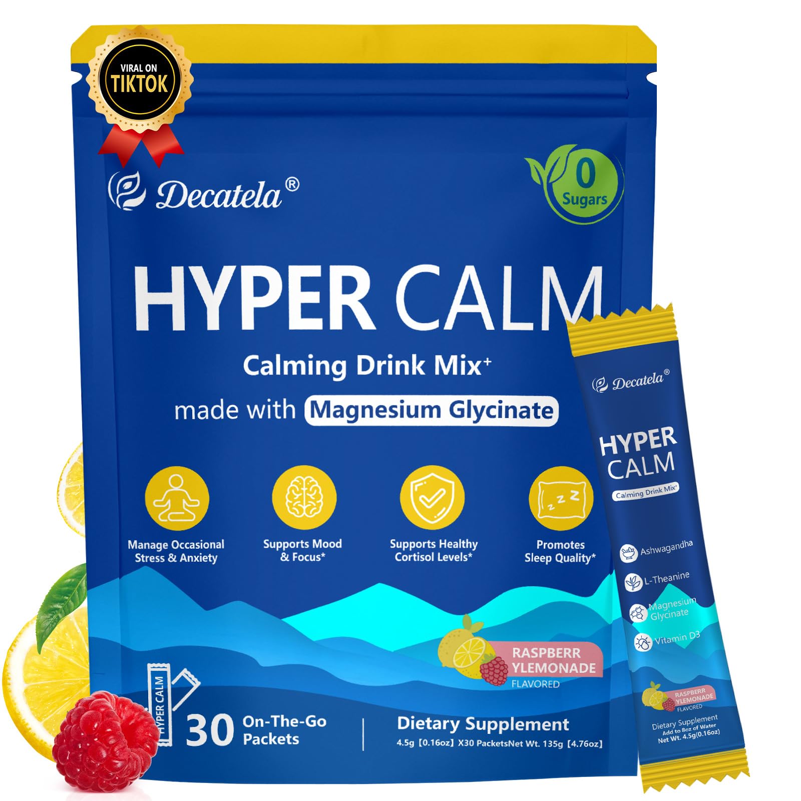 Decatela HyperCalm powder tub shows clean, sugar-free formula for everyday calm.