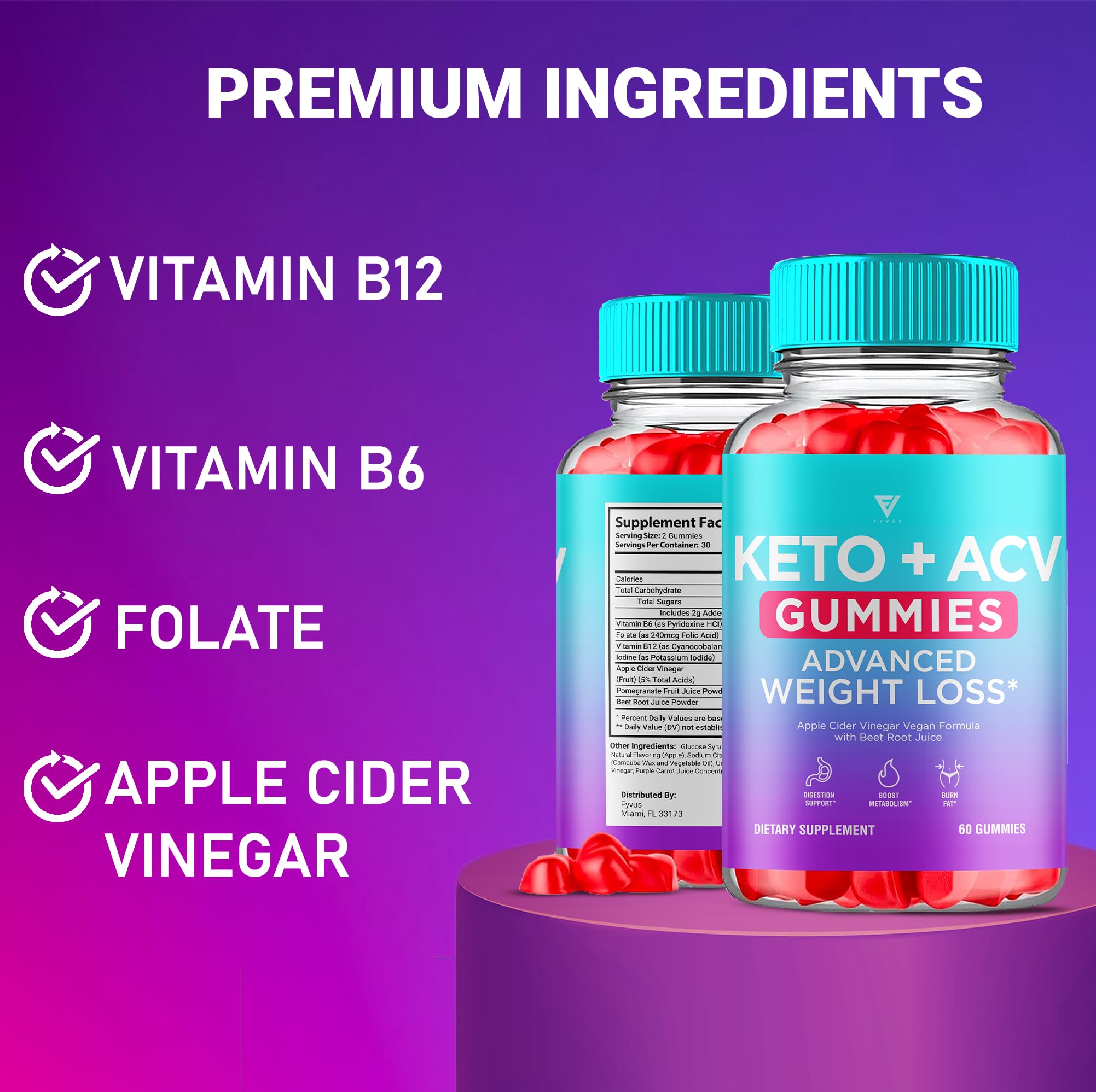 Apple cider vinegar visual on Decatela Gummies packaging for potential weight management.