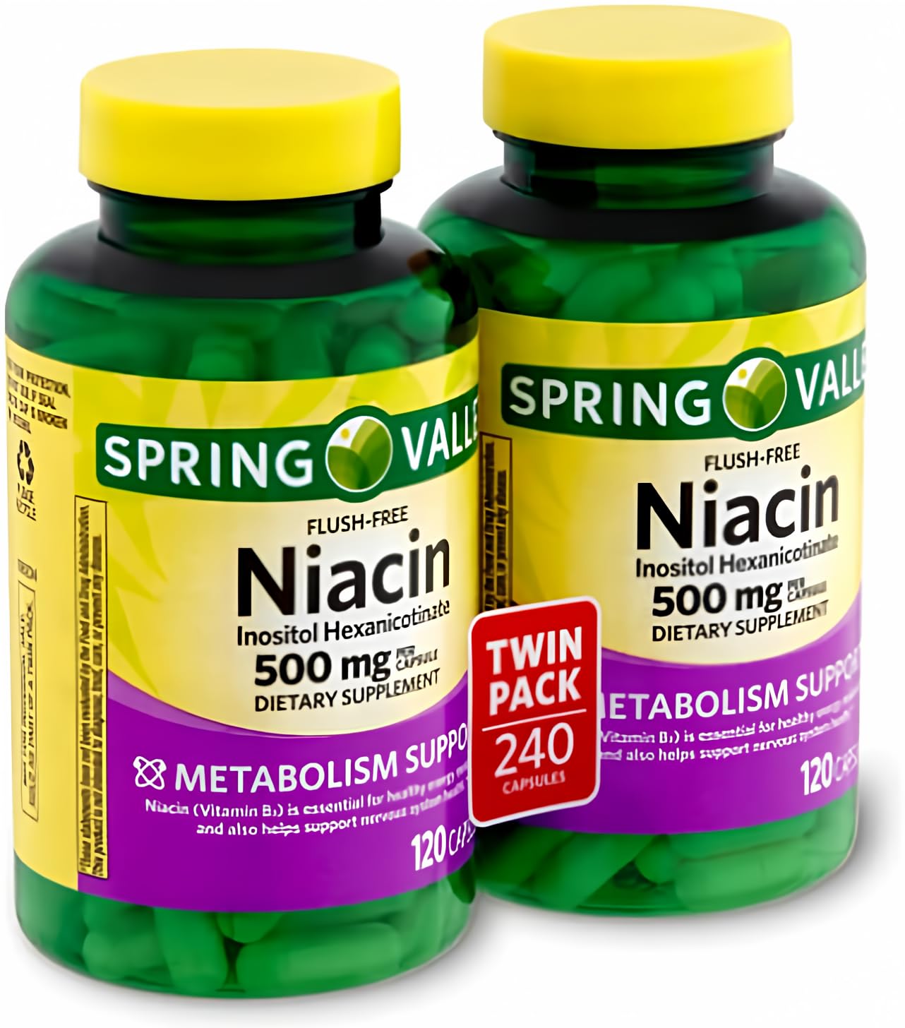 Decatela Spring Valley Niacin 500 mg bottle—capsules for metabolism support.