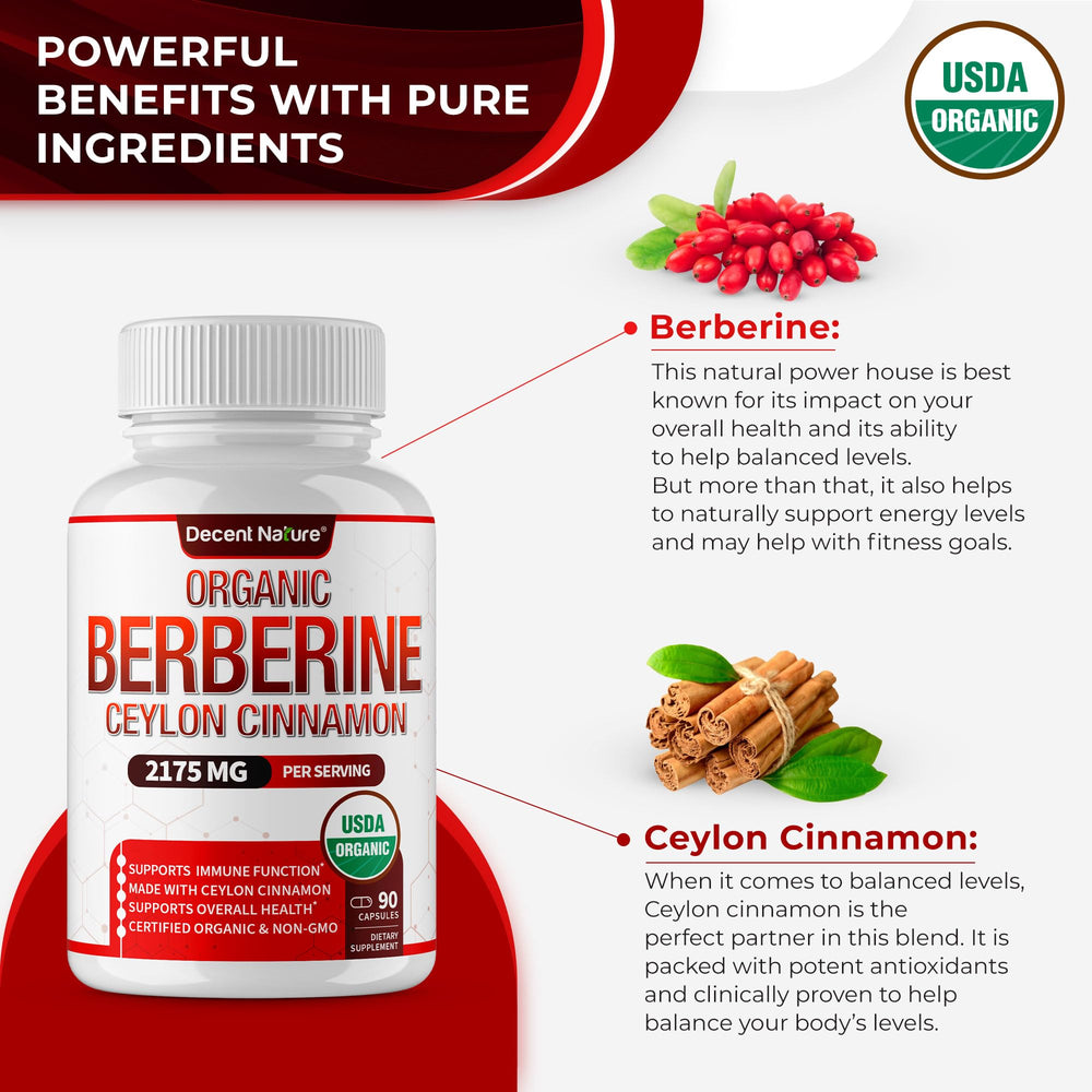 DECENT NATURE Berberine Cinnamon label closeup highlighting organic non-GMO formula