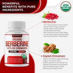 DECENT NATURE Berberine Cinnamon label closeup highlighting organic non-GMO formula