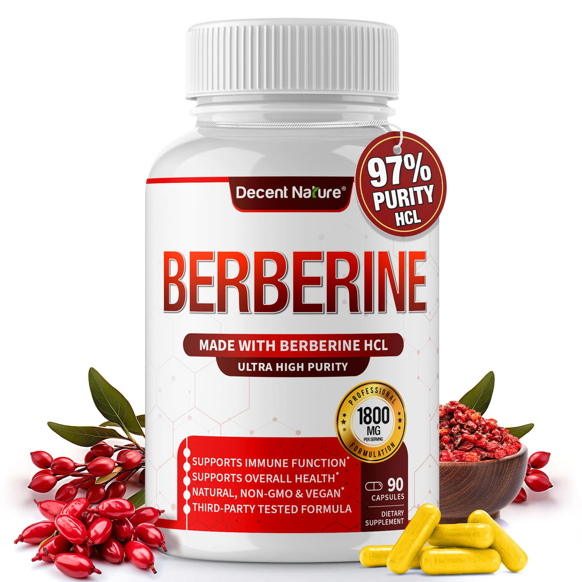 DECENT NATURE Berberine HCL 1800mg bottle with capsules for overall wellness support