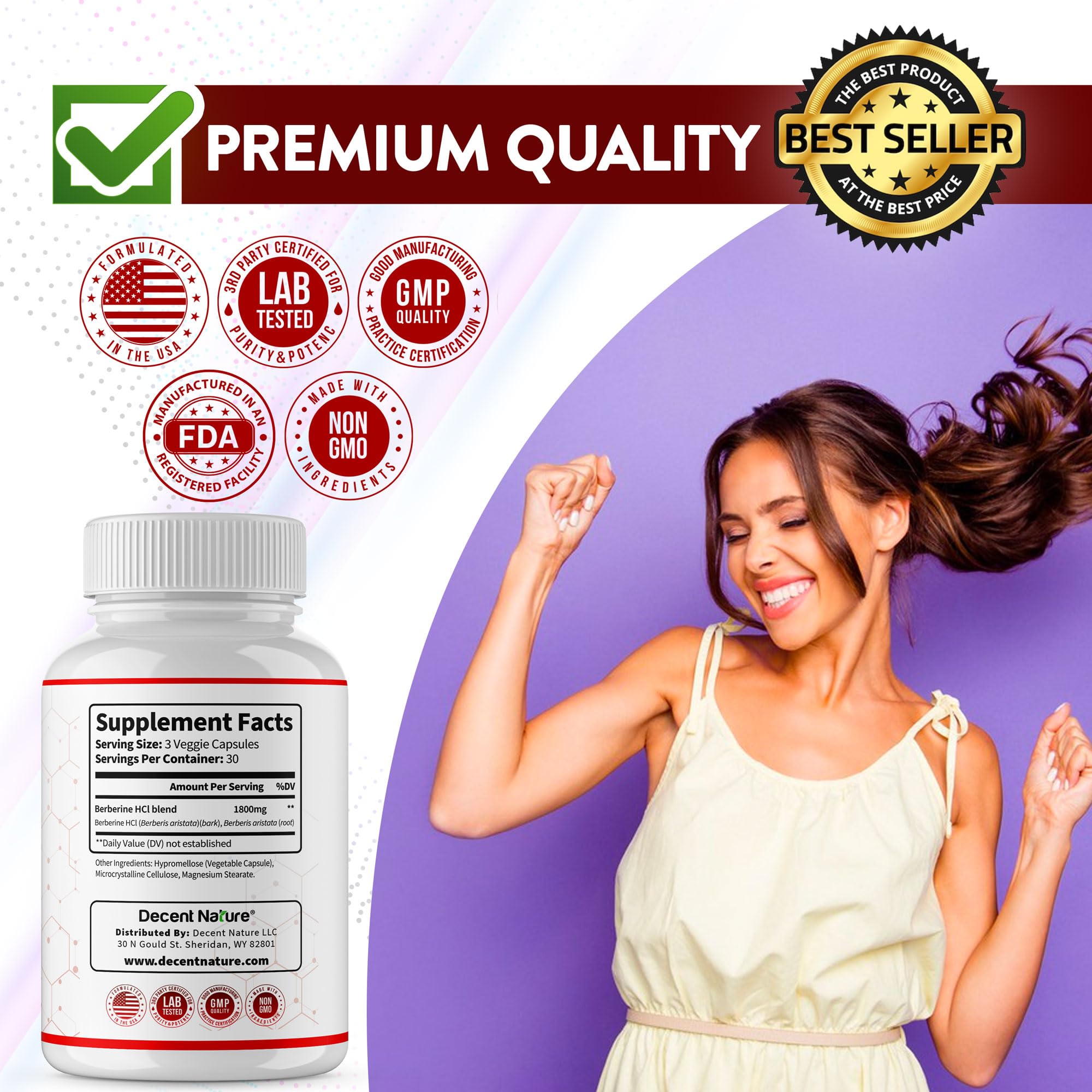 100% bottle of DECENT NATURE Berberine HCL 90 capsules for ongoing use