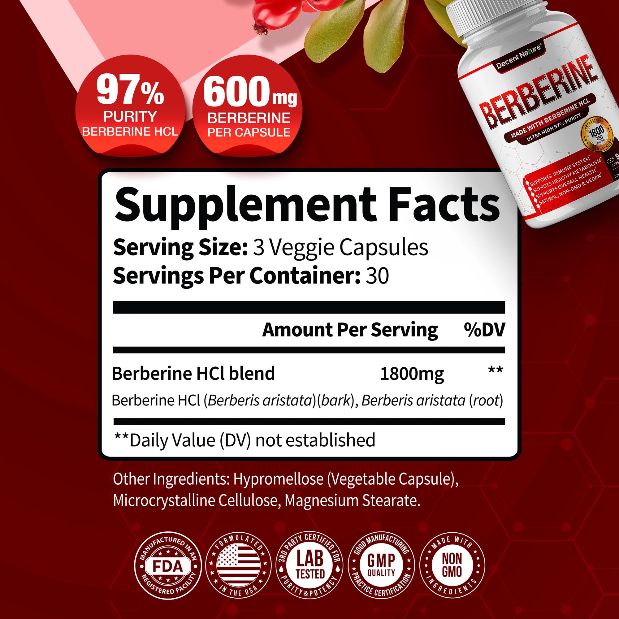 Close-up of DECENT NATURE Berberine HCL capsules highlighting 600mg per capsule