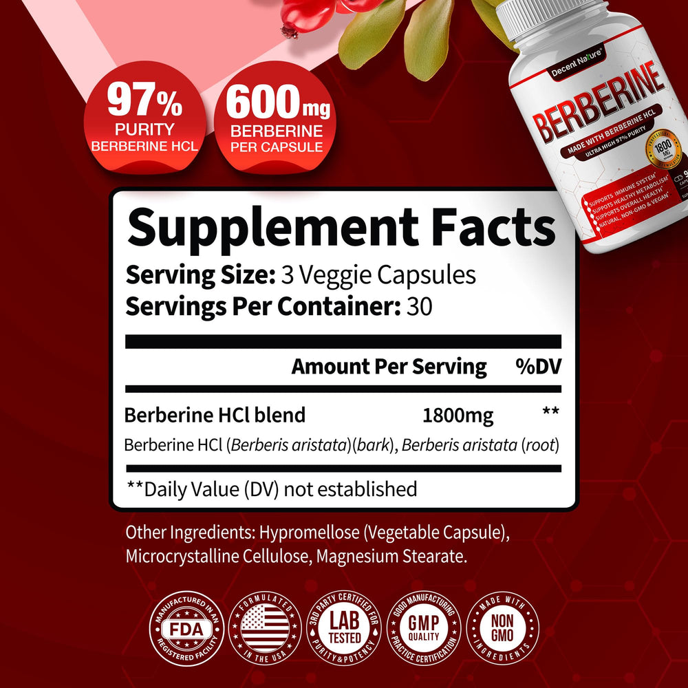 Close-up of DECENT NATURE Berberine HCL capsules highlighting 600mg per capsule