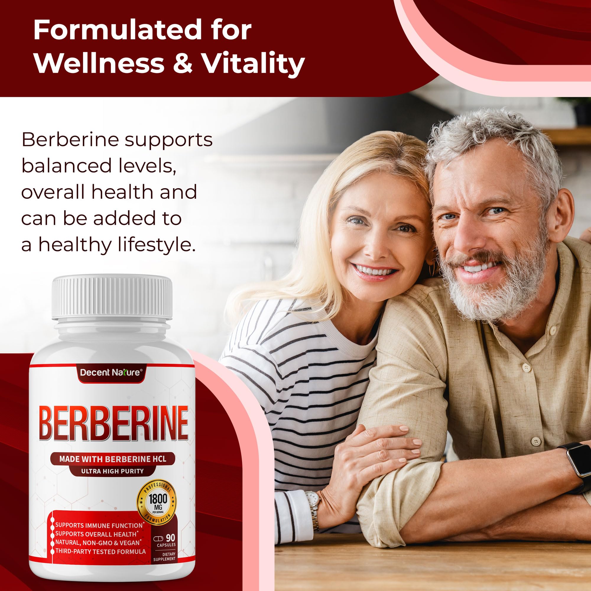Third-party testing certificate beside DECENT NATURE Berberine HCL bottle