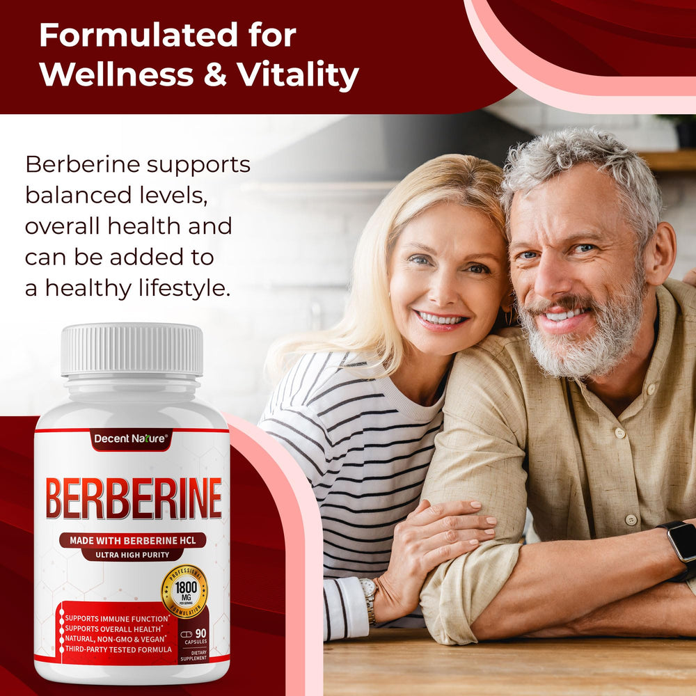 Third-party testing certificate beside DECENT NATURE Berberine HCL bottle