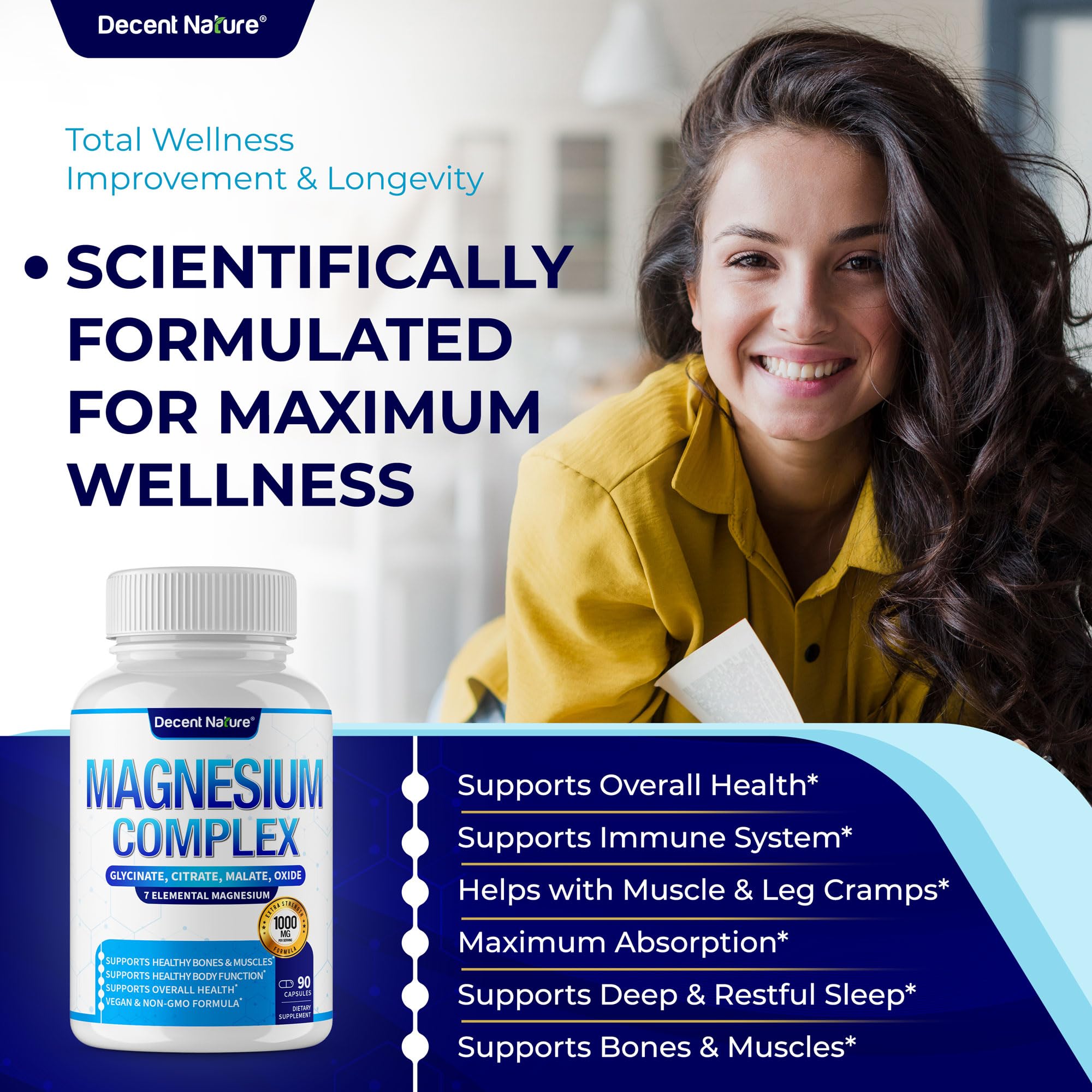 DECENT NATURE Magnesium Complex capsules highlight seven magnesium types for versatile daily use.