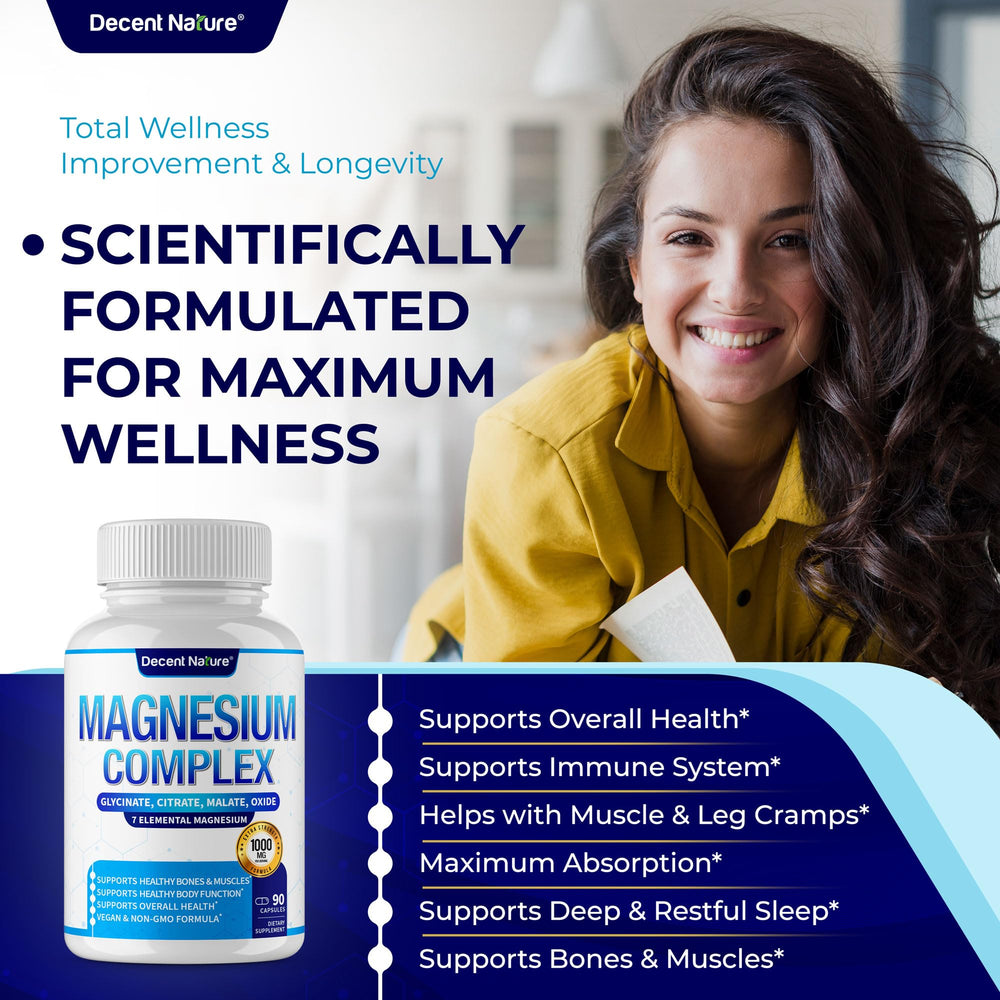 DECENT NATURE Magnesium Complex capsules highlight seven magnesium types for versatile daily use.