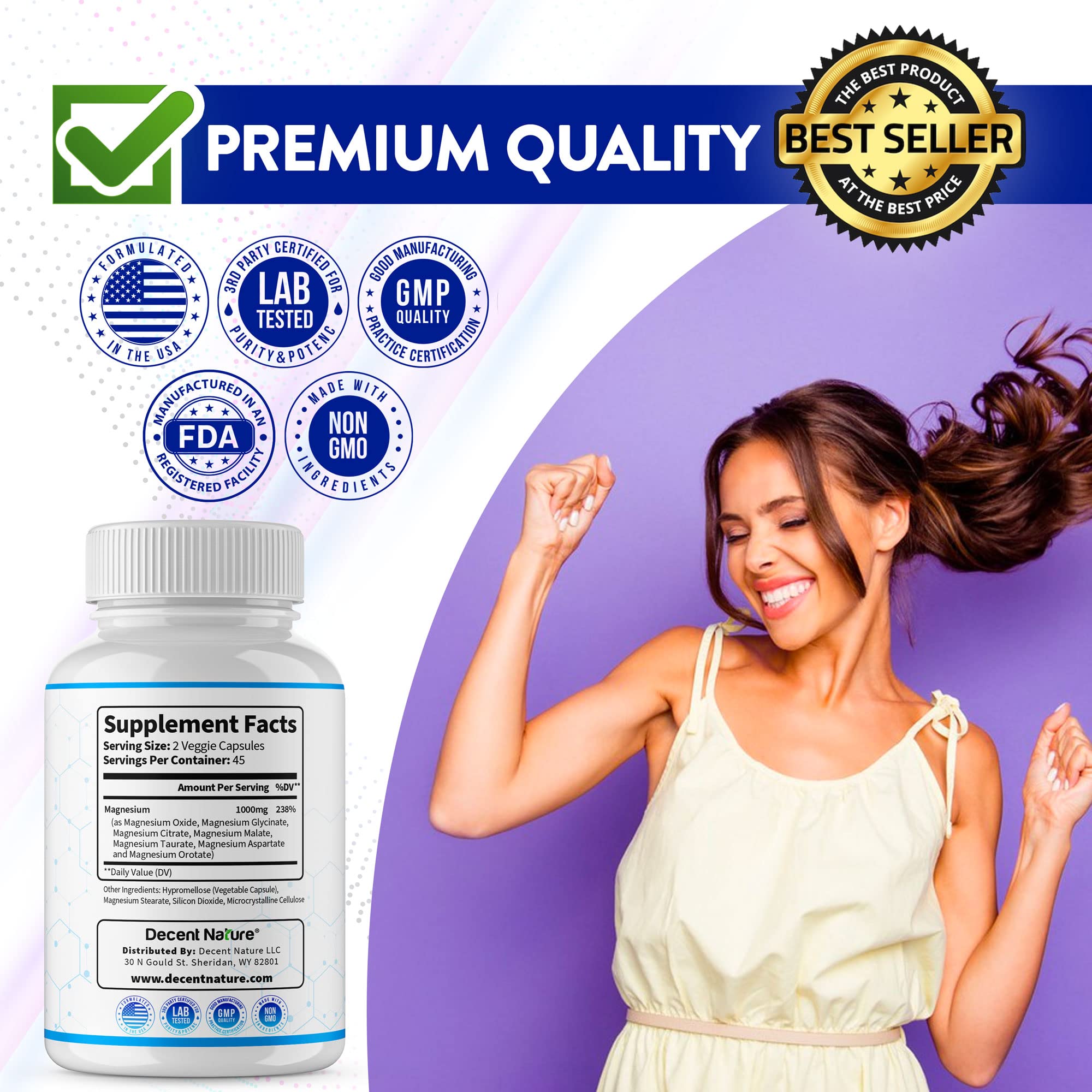 DECENT NATURE Magnesium Complex on shelf conveys trusted daily supplement.