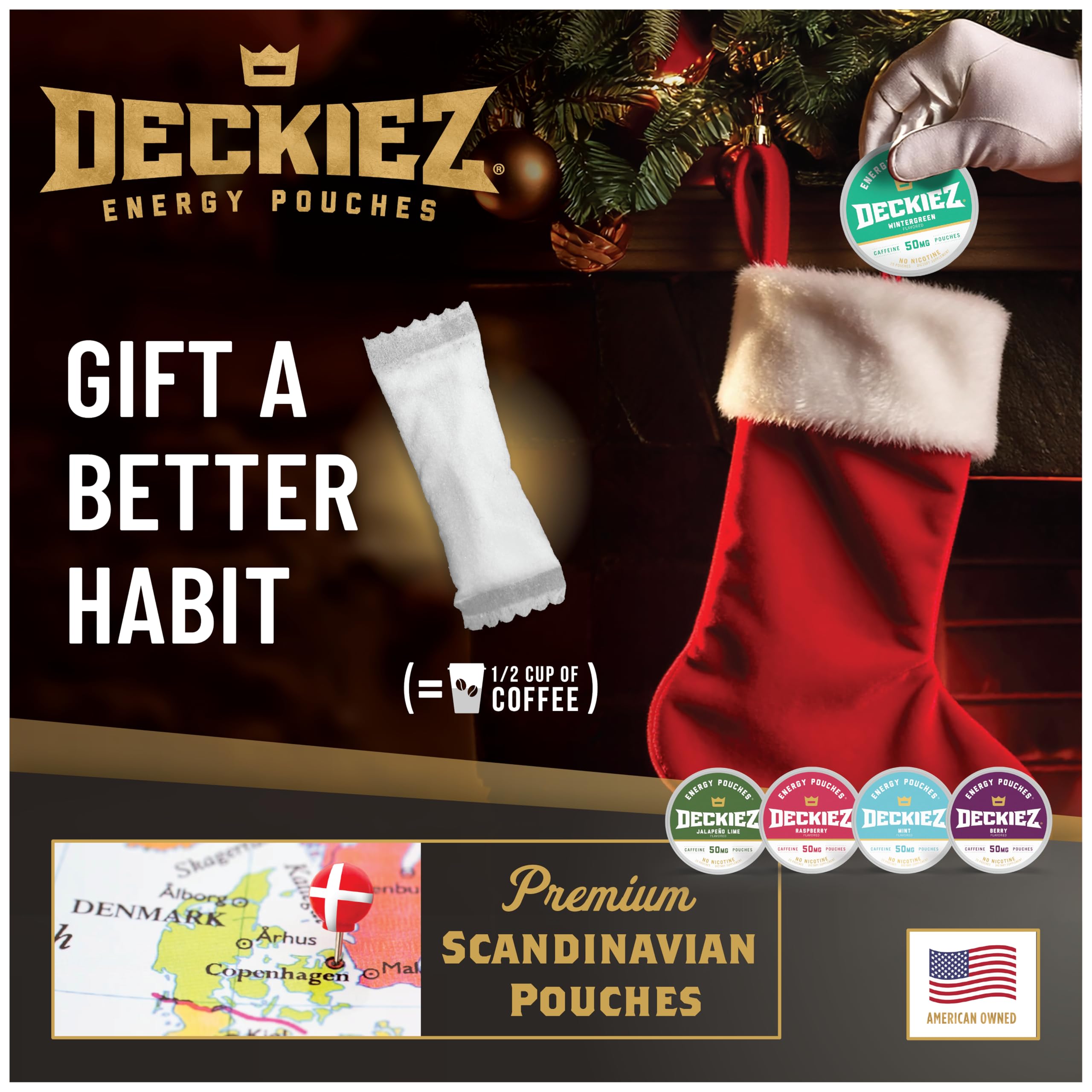 Deckiez Energy Pouches Berry flavor pack highlighting sugar-free energy on the go