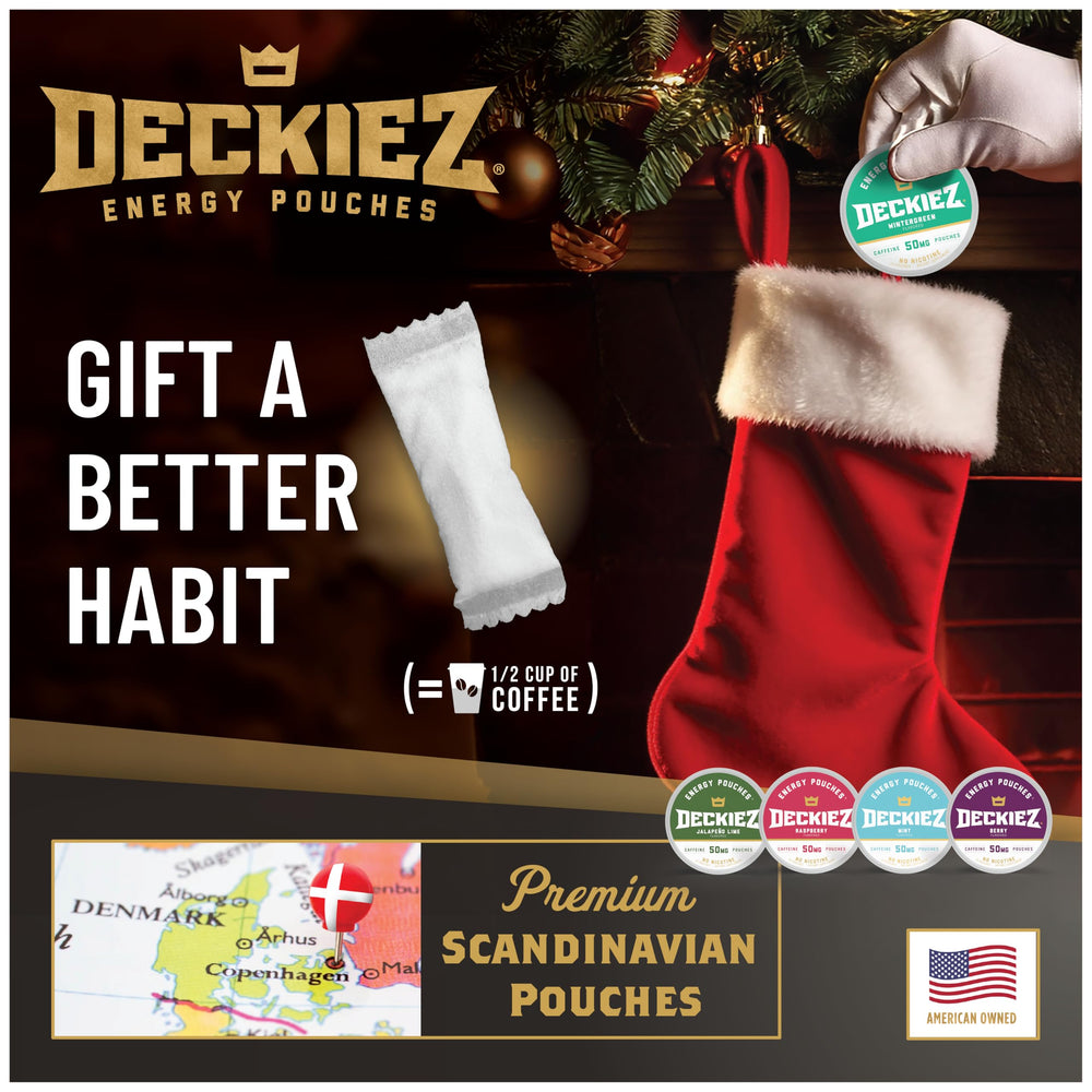 Deckiez Energy Pouches Berry flavor pack highlighting sugar-free energy on the go