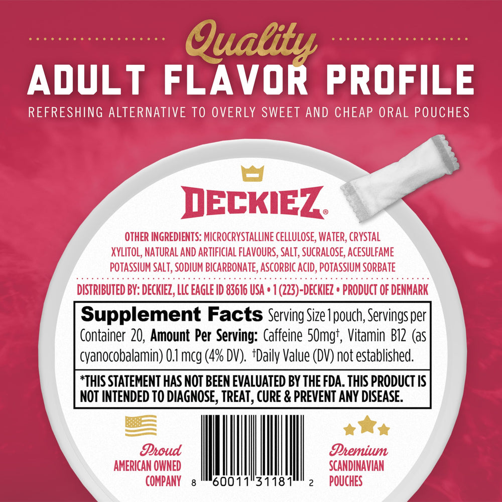 Deckiez Energy Pouches Raspberry open pouch demonstrating discreet use