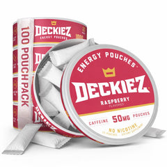 Deckiez Energy Pouches Raspberry pack with 50 mg caffeine per pouch for a discreet pick-me-up