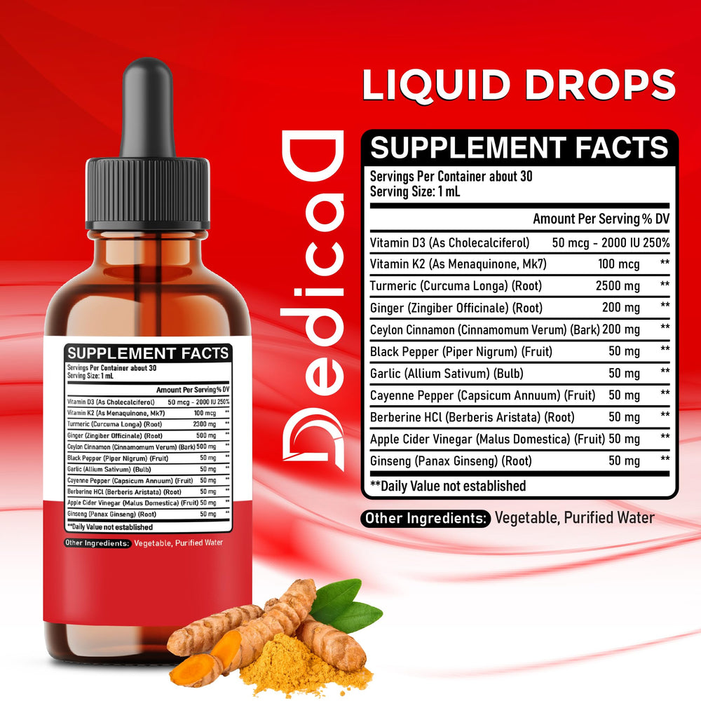 DEDICAD 11in1 turmeric liquid bottle closeup with D3 K2 blend visuals