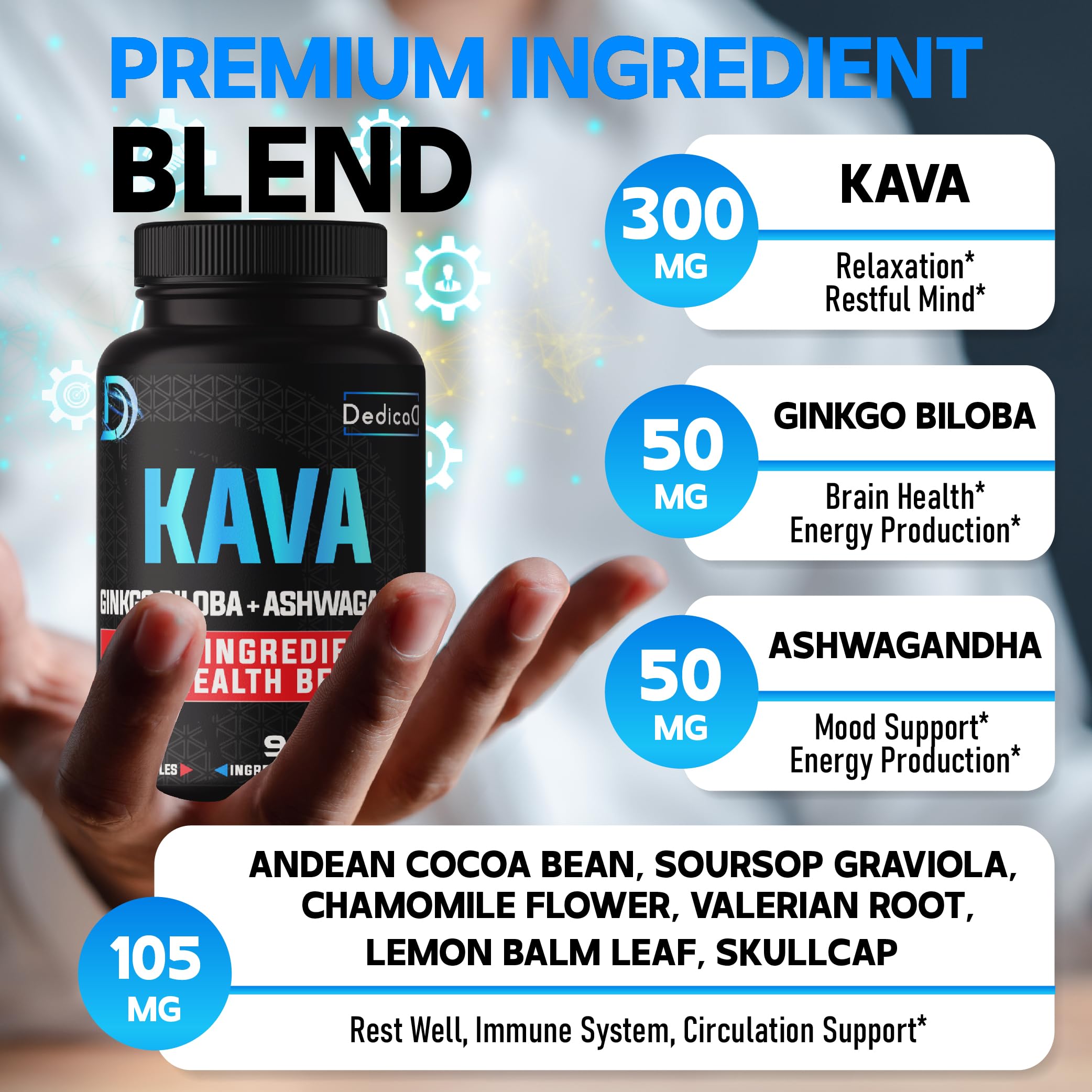 DEDICAD Kava Kava capsules close-up for convenient daily use.