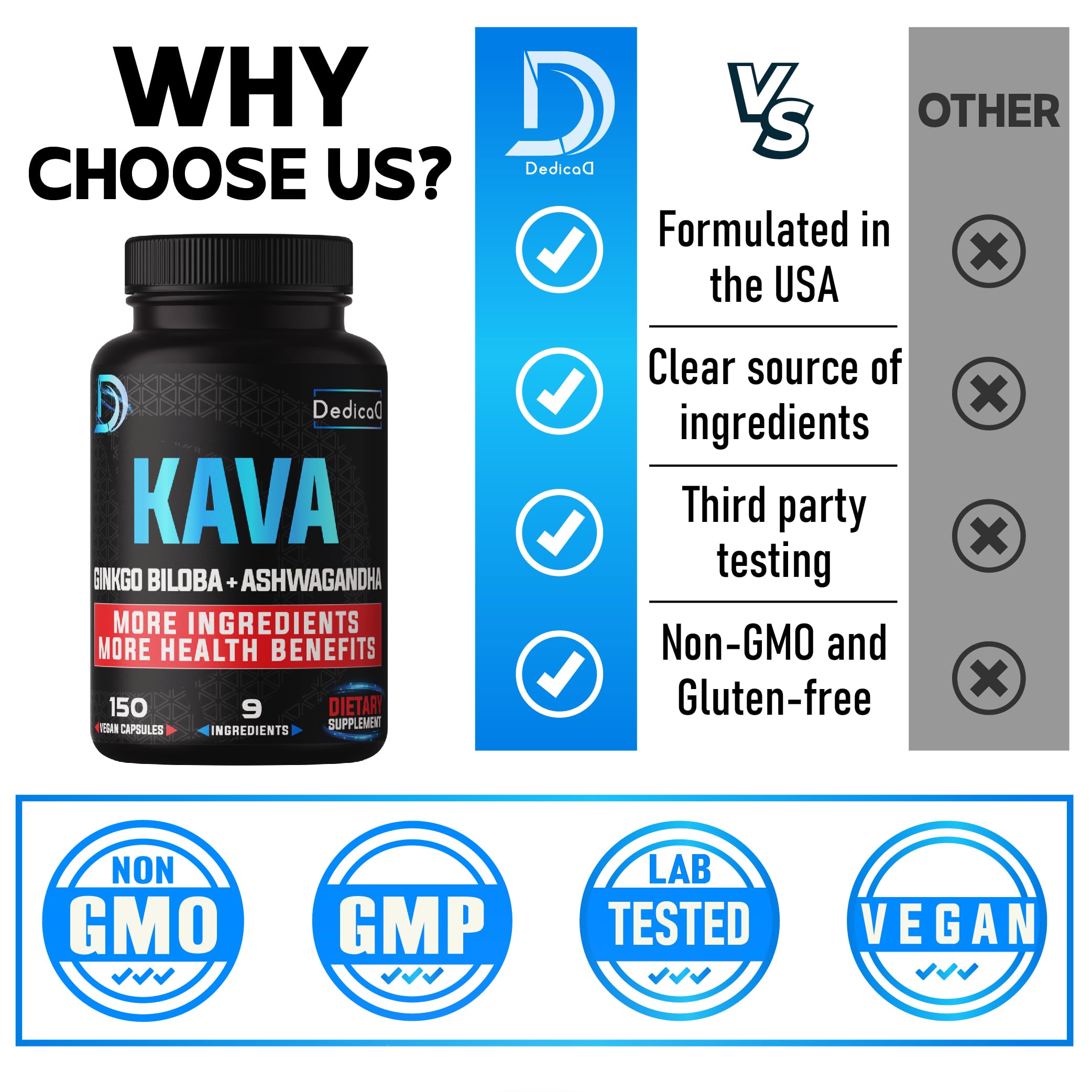 DEDICAD ingredients layout highlights kava and botanicals.