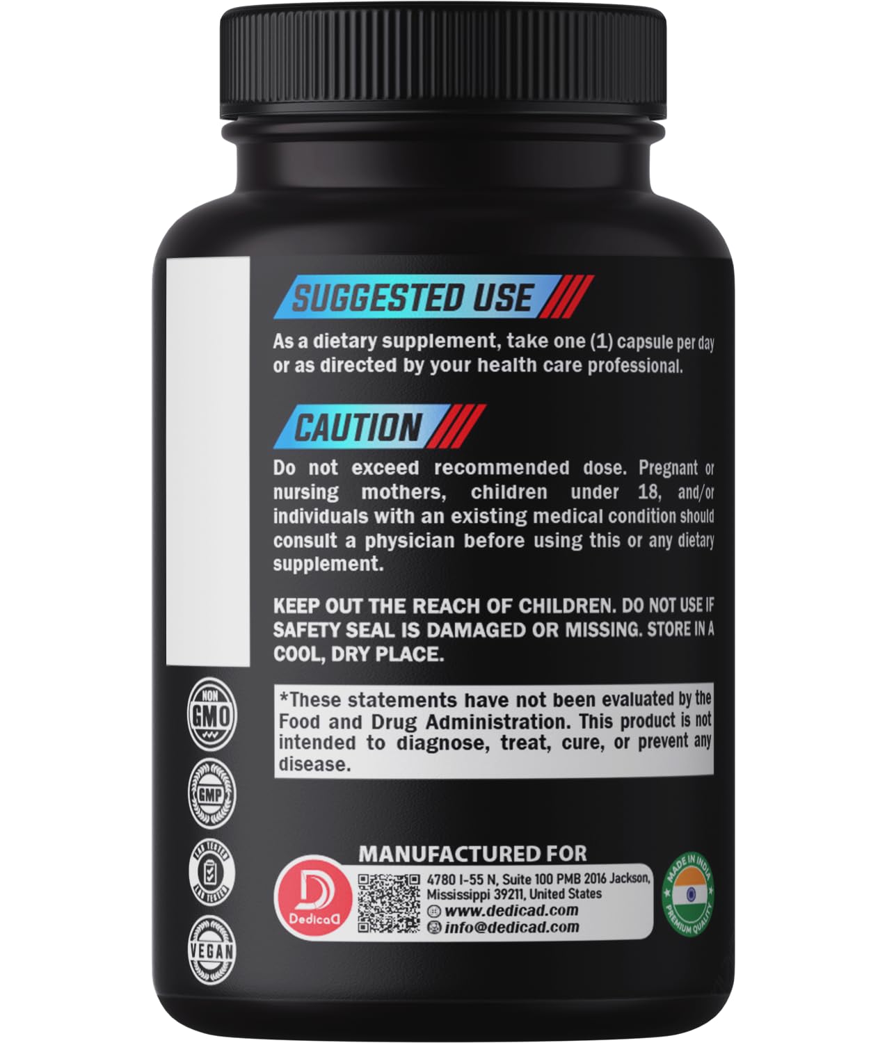 DEDICAD quality seal and cGMP certification on packaging.