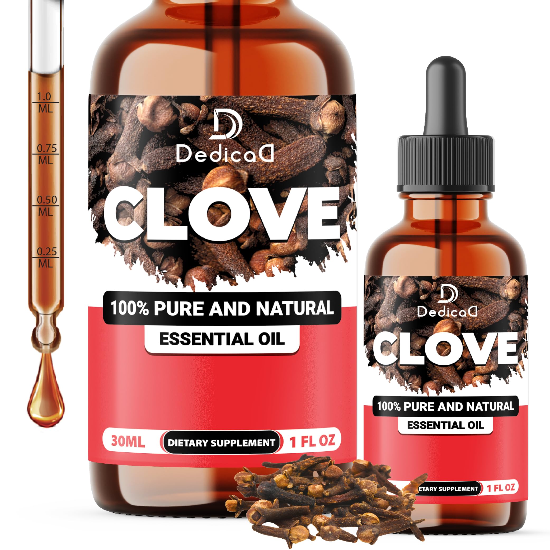 DEDICAD clove essential oil bottle ready for diffusion and aromatherapy
