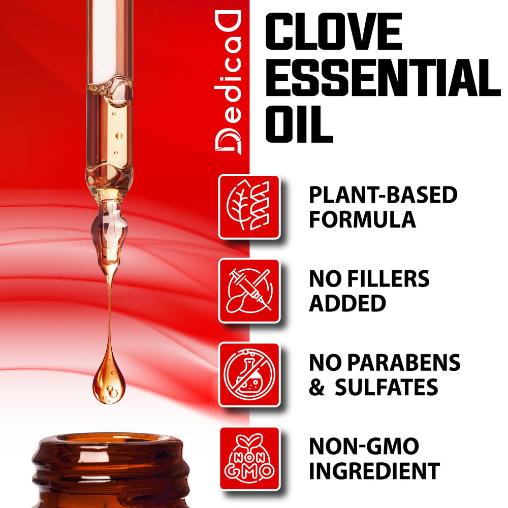 DEDICAD clove essential oil bottle shown for safe toothache care when diluted