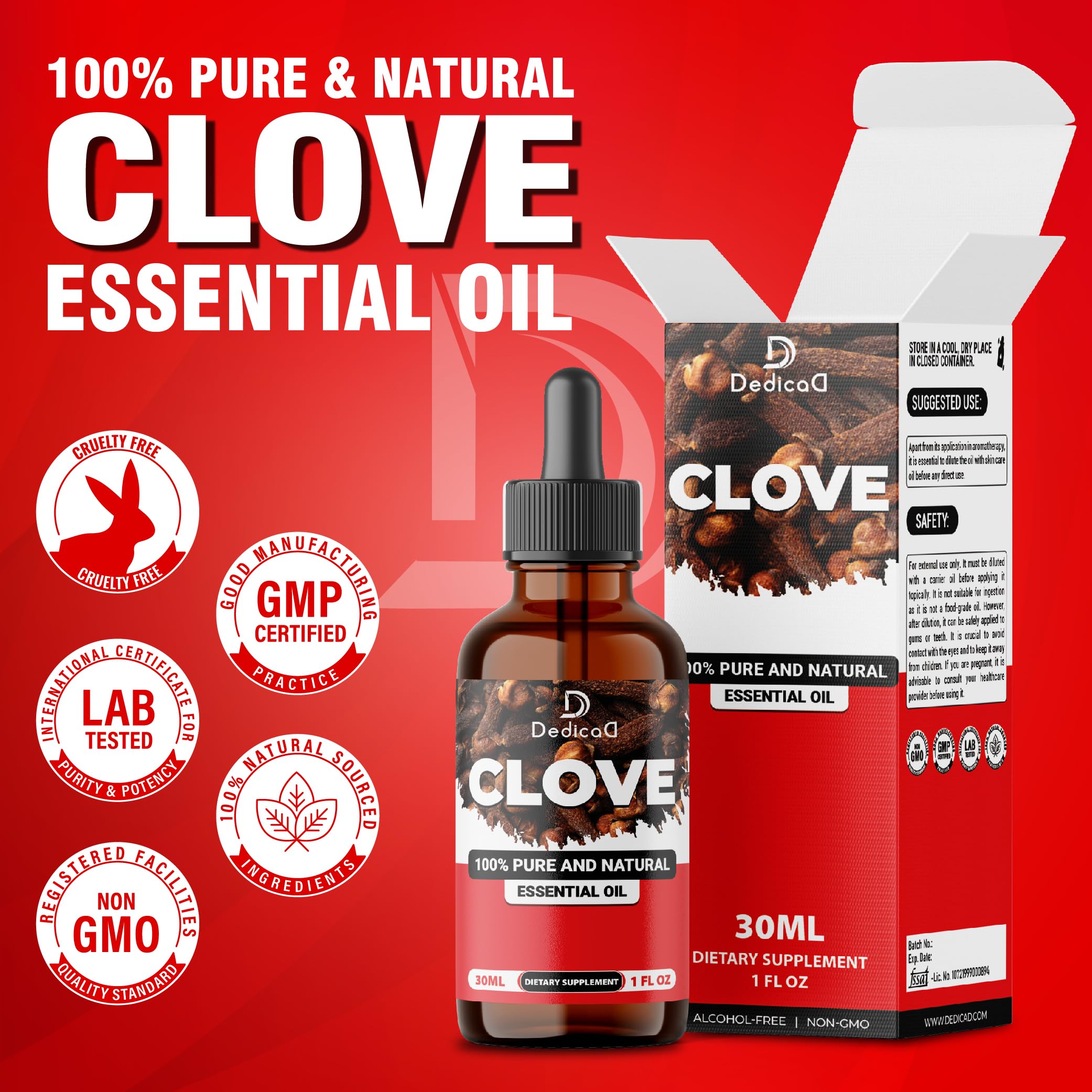 DEDICAD clove oil bottle showcases organic quality and third‑party testing