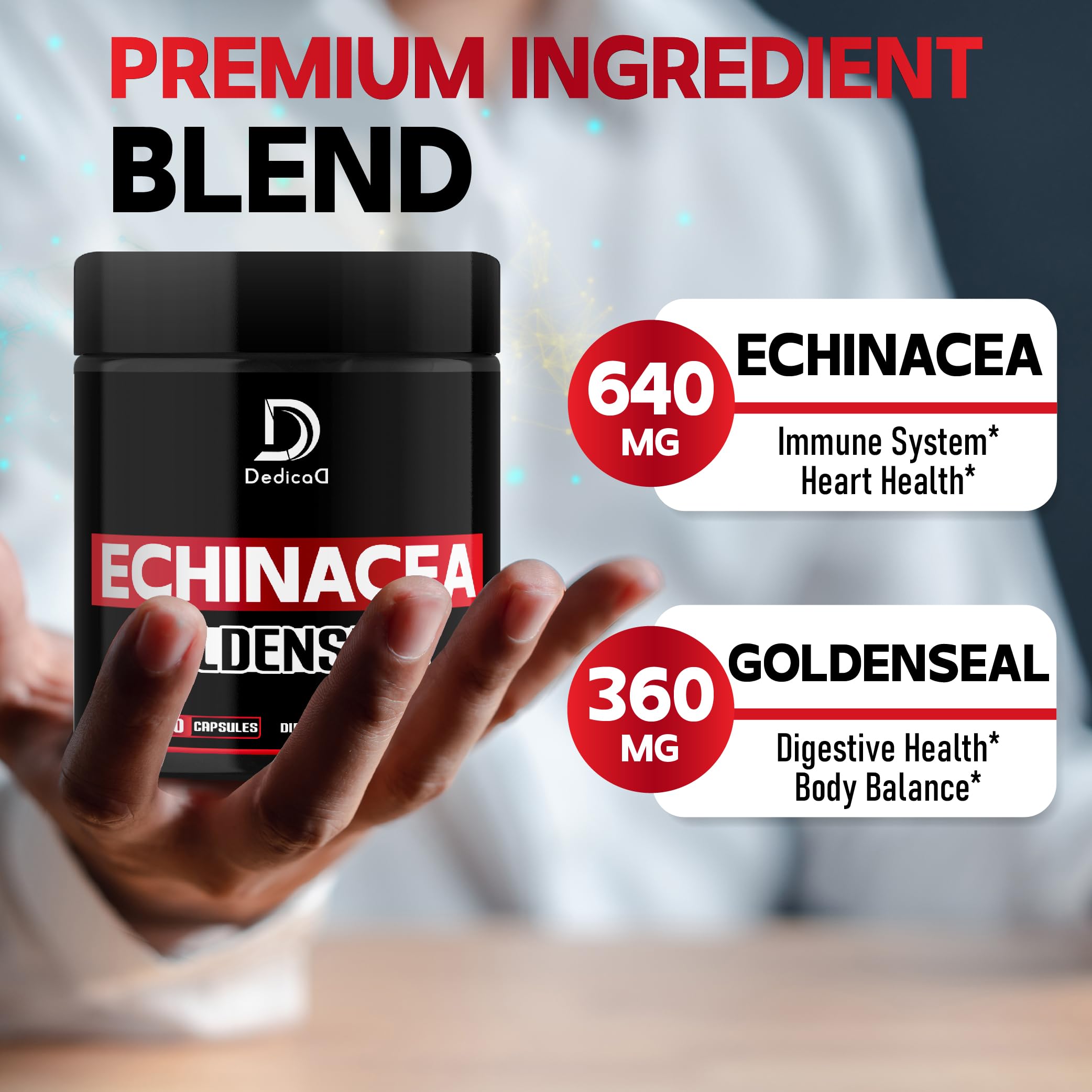 DEDICAD Echinacea Goldenseal capsules close-up for daily wellness