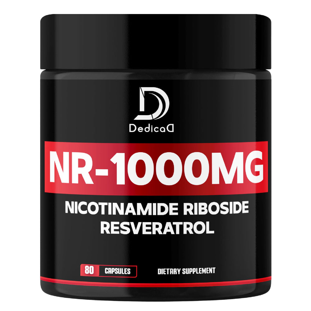 DEDICAD NAD bottle-front shows premium NR and trans-resveratrol formula for daily vitality.