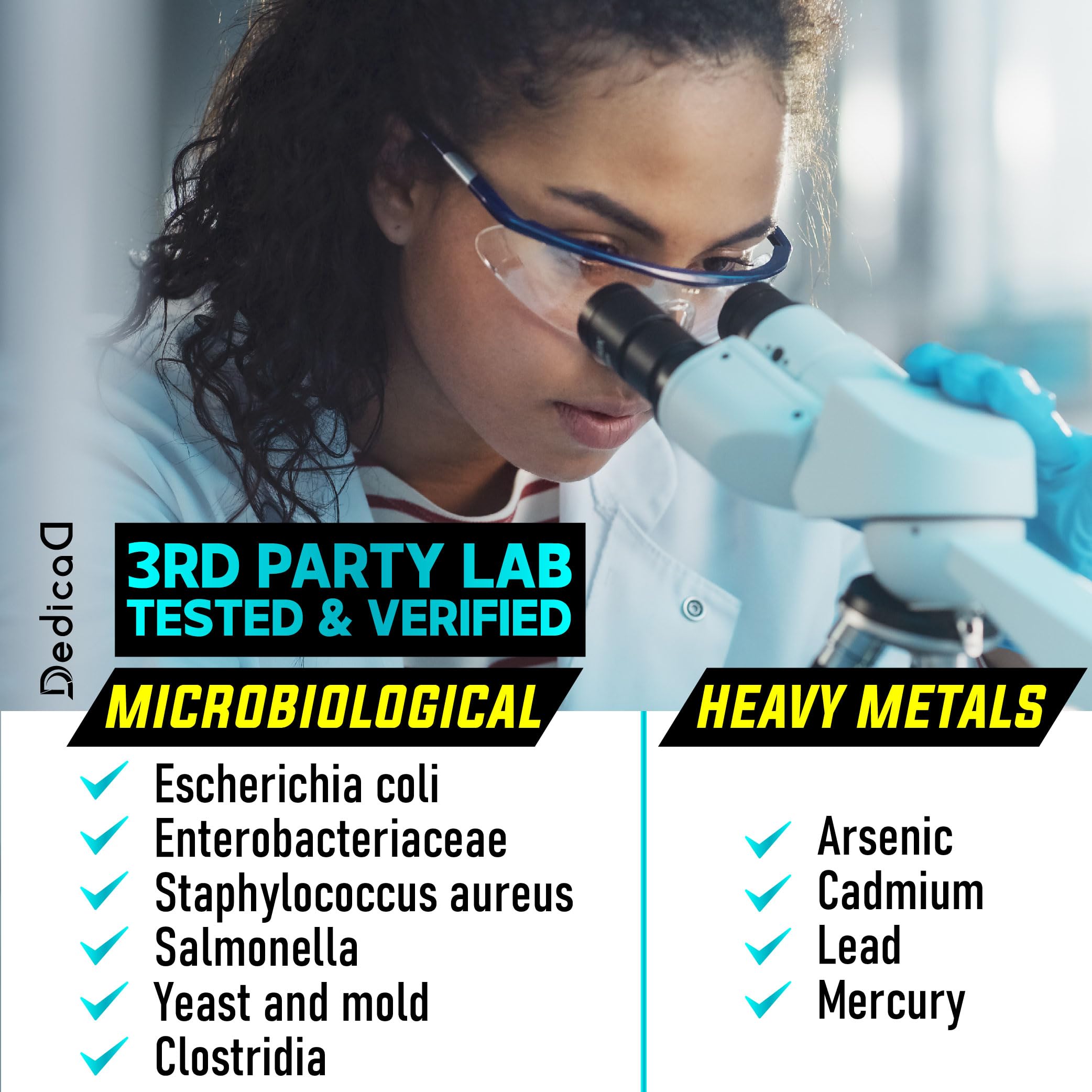 DEDICAD Serrapeptase CGMP halal certifications seal indicating quality assurance.