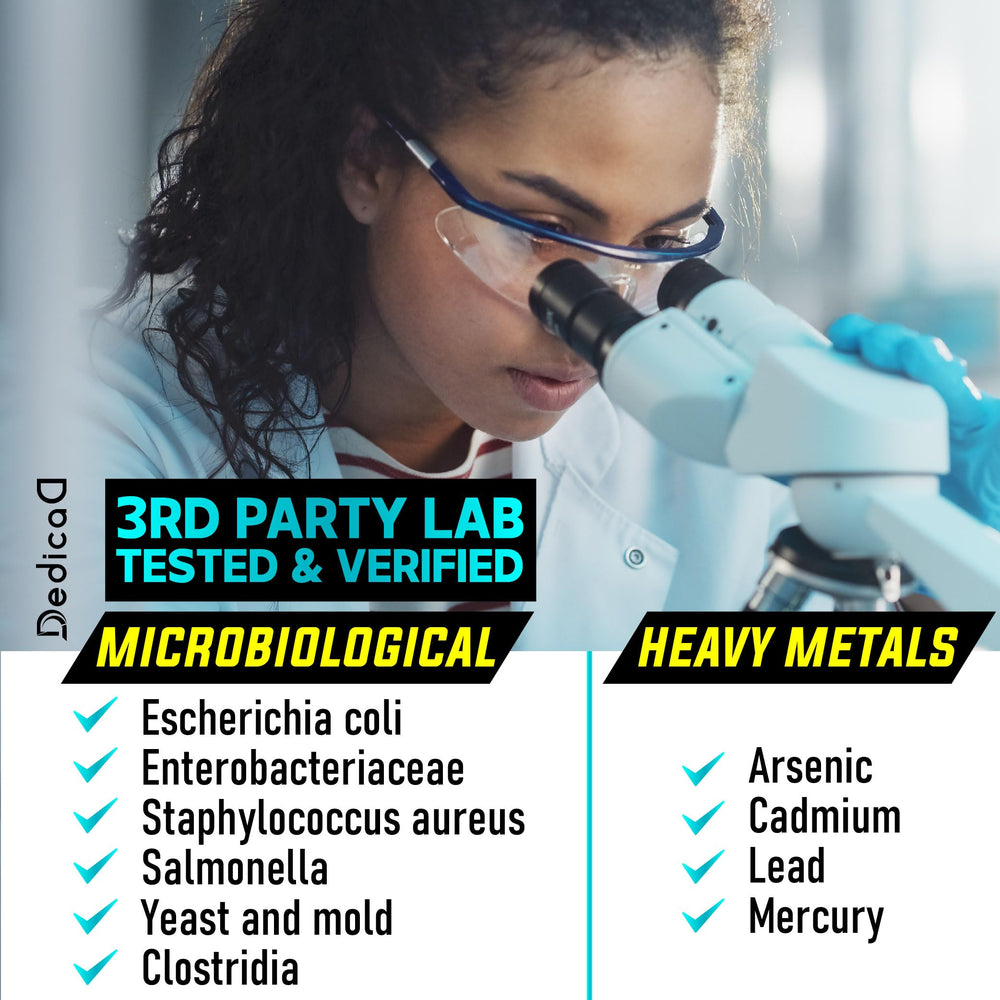 DEDICAD Serrapeptase CGMP halal certifications seal indicating quality assurance.