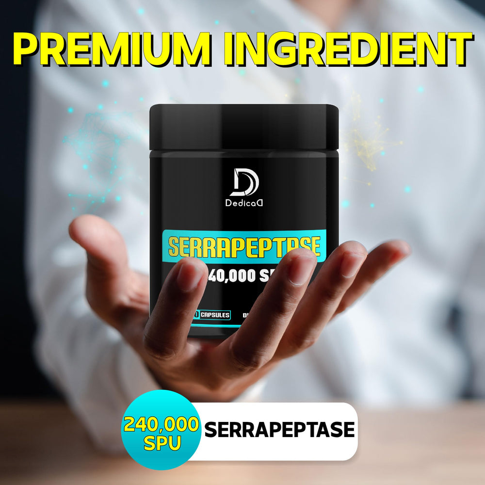 DEDICAD Serrapeptase label close-up showing organic ingredients for daily use.