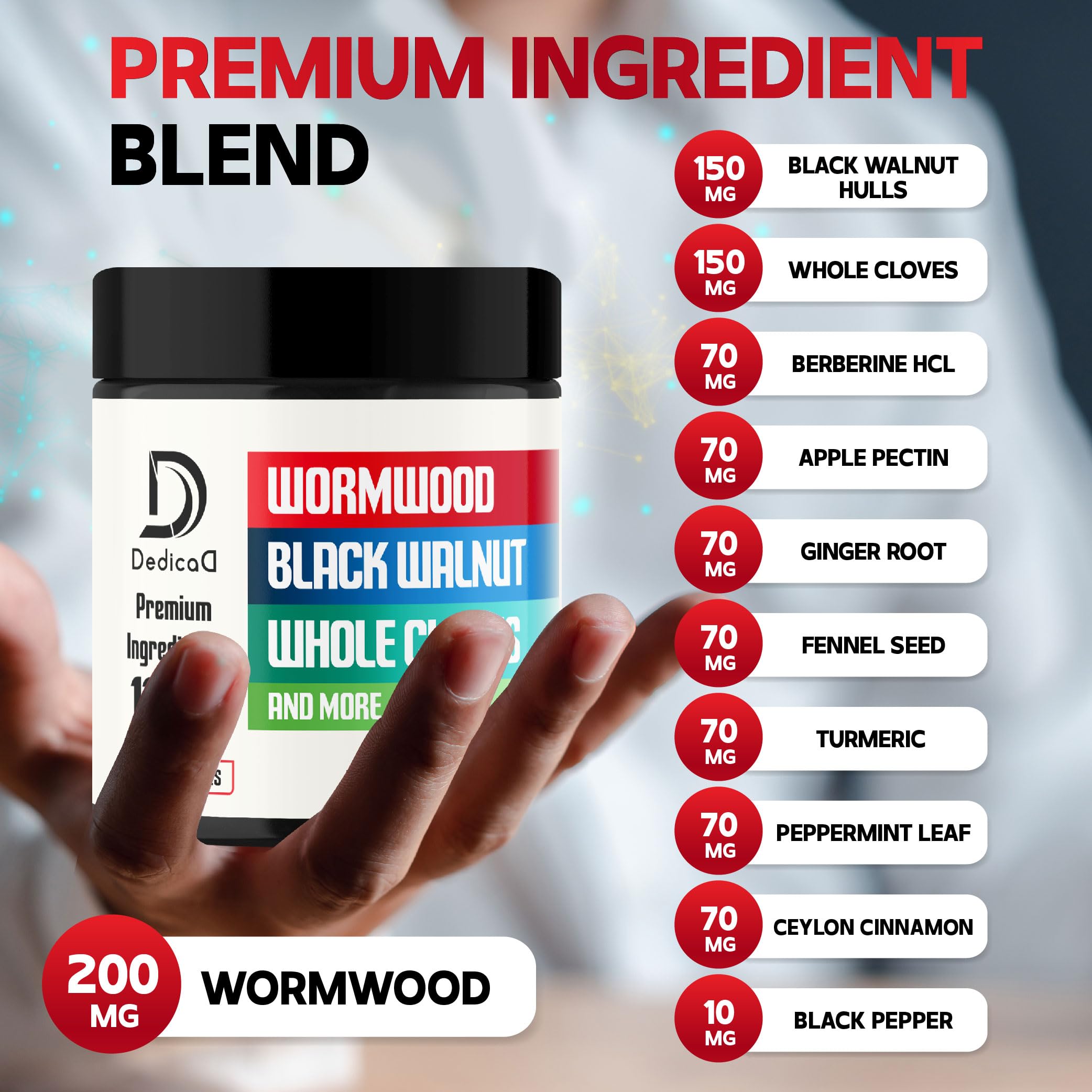 Close-up of DEDICAD Wormwood capsules for easy daily intake