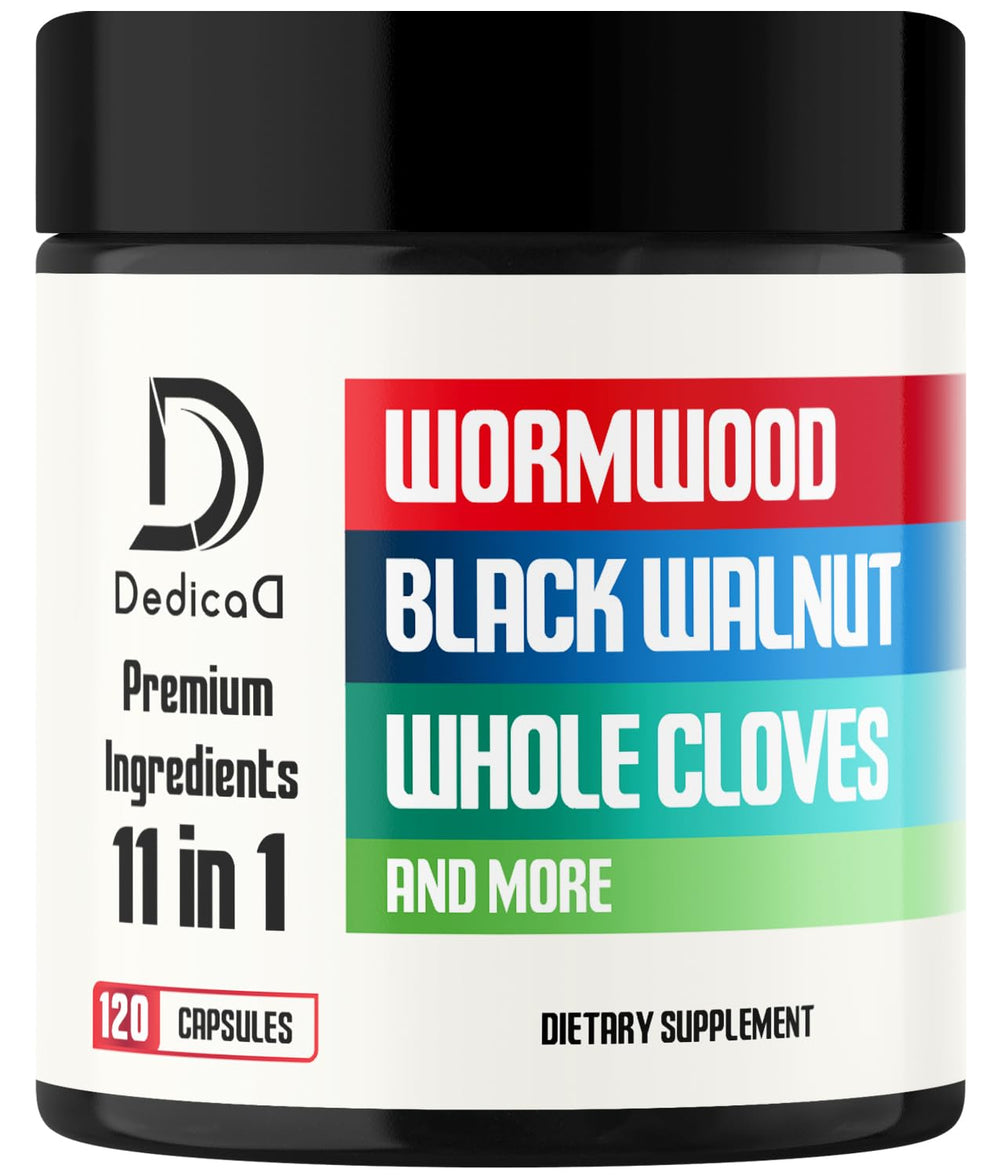 DEDICAD Wormwood supplement bottle showing 120 veggie pills for daily use